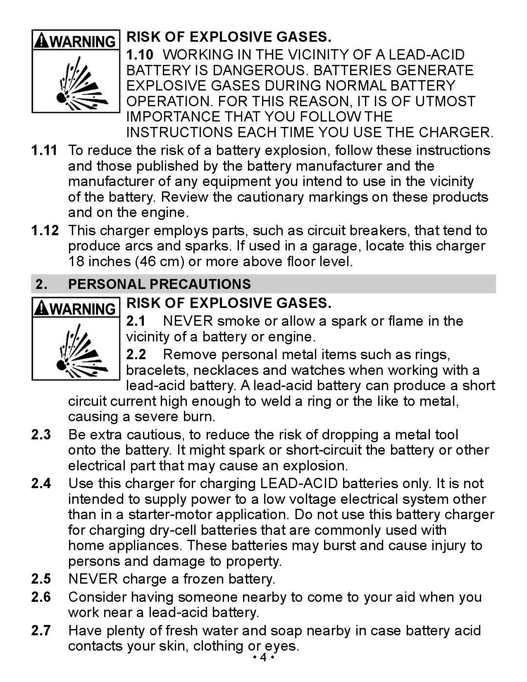 Schumacher SP2 owner manual Personal Precautions Risk of Explosive Gases 