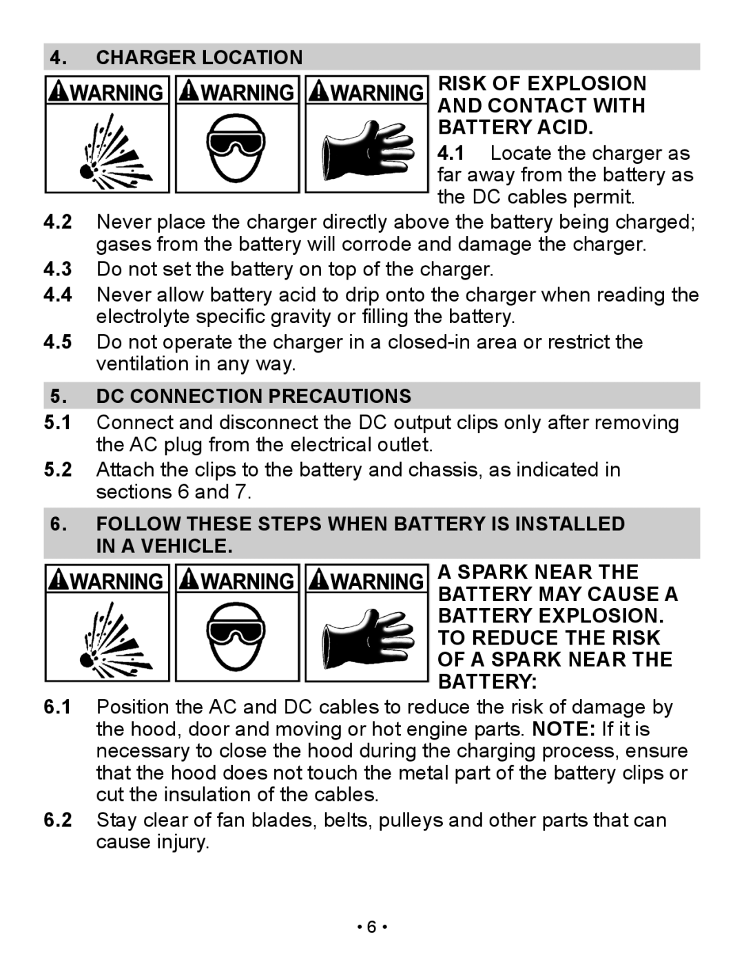 Schumacher SP2 owner manual Charger Location Risk of Explosion Contact with Battery Acid, DC Connection Precautions 