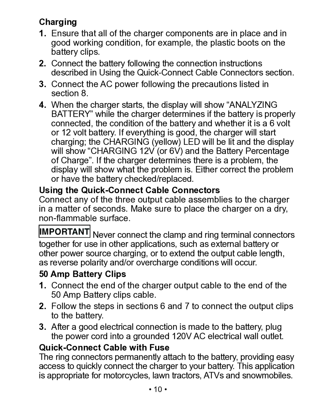 Schumacher SP3 Charging, Using the Quick-Connect Cable Connectors, Amp Battery Clips, Quick-Connect Cable with Fuse 