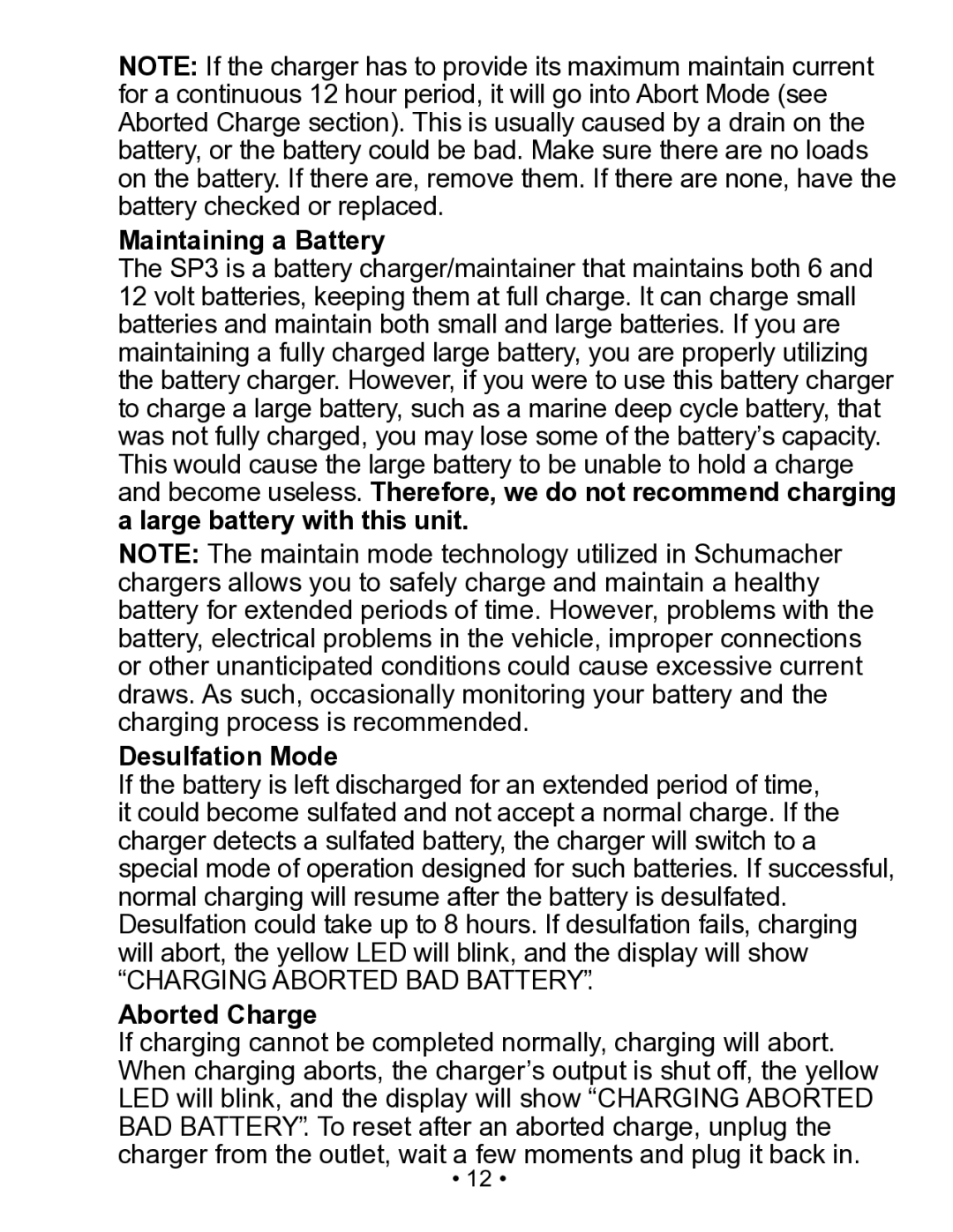 Schumacher SP3 owner manual Maintaining a Battery, Desulfation Mode, Aborted Charge 