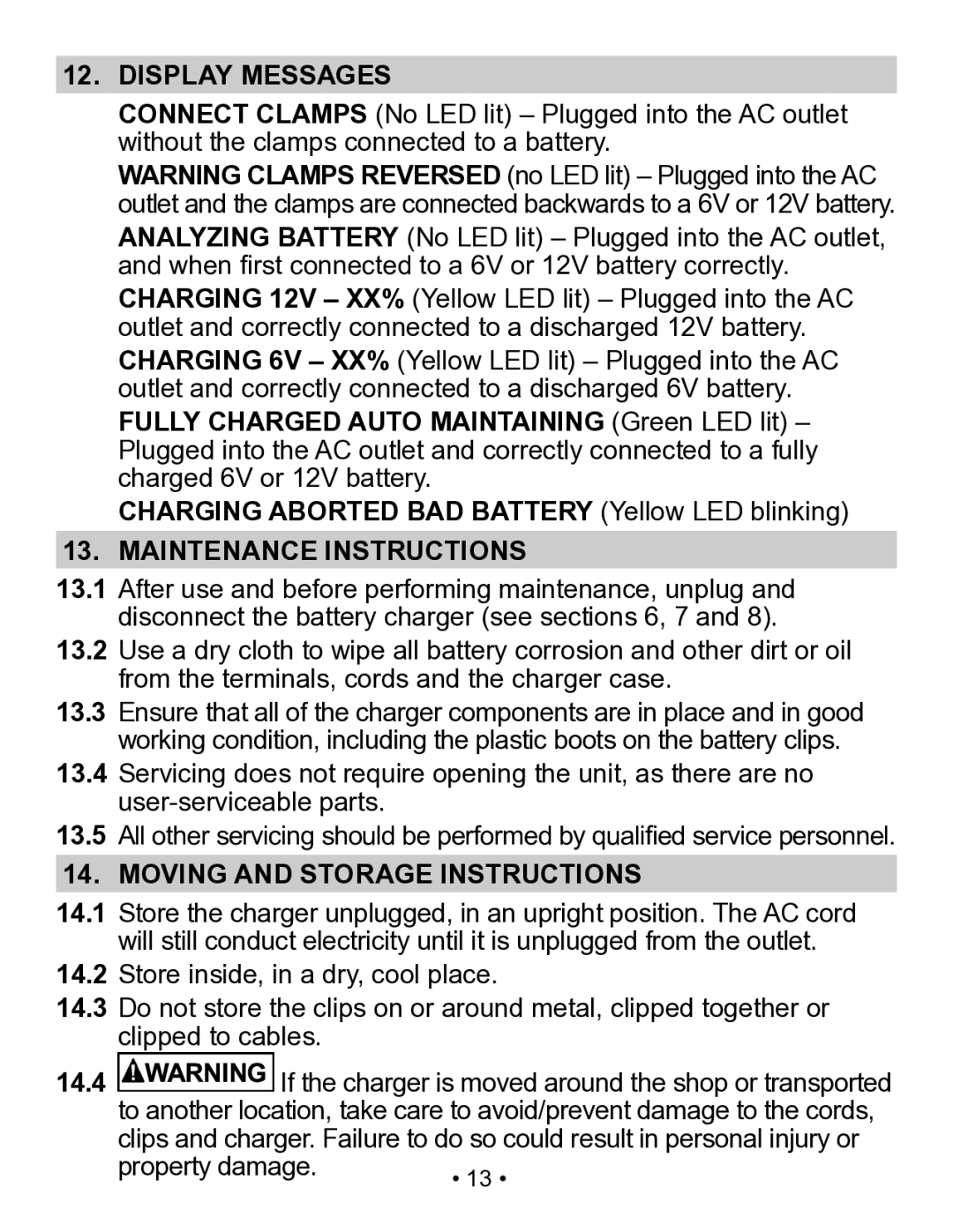 Schumacher SP3 owner manual Display Messages, Charging Aborted BAD Battery Yellow LED blinking, Maintenance Instructions 