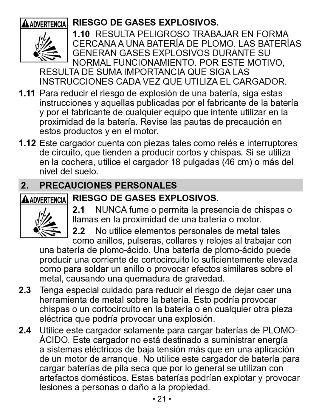 Schumacher SP3 owner manual Precauciones Personales Riesgo DE Gases Explosivos 