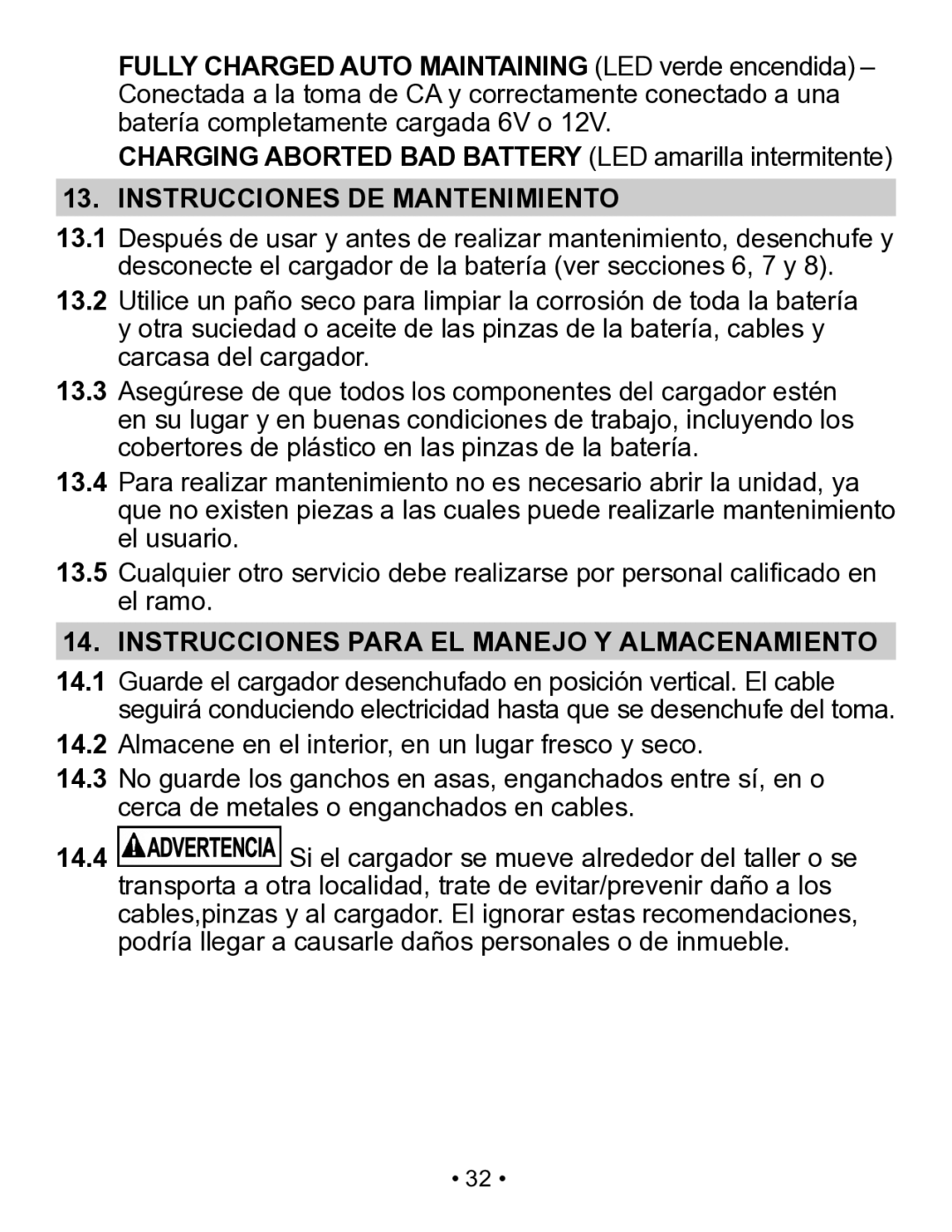 Schumacher SP3 owner manual Instrucciones DE Mantenimiento, Instrucciones Para EL Manejo Y Almacenamiento 