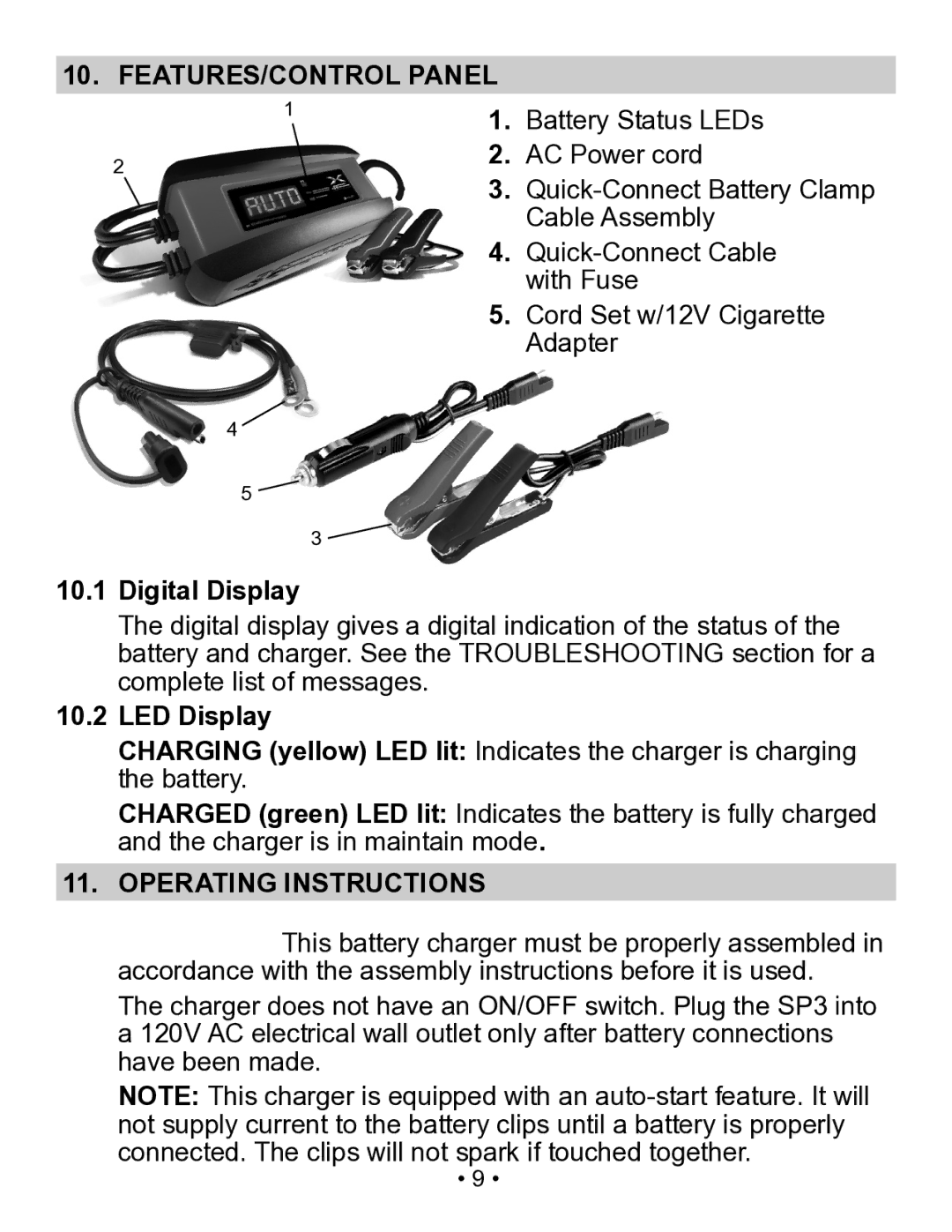 Schumacher SP3 owner manual FEATURES/CONTROL Panel, Digital Display, LED Display, Operating Instructions 