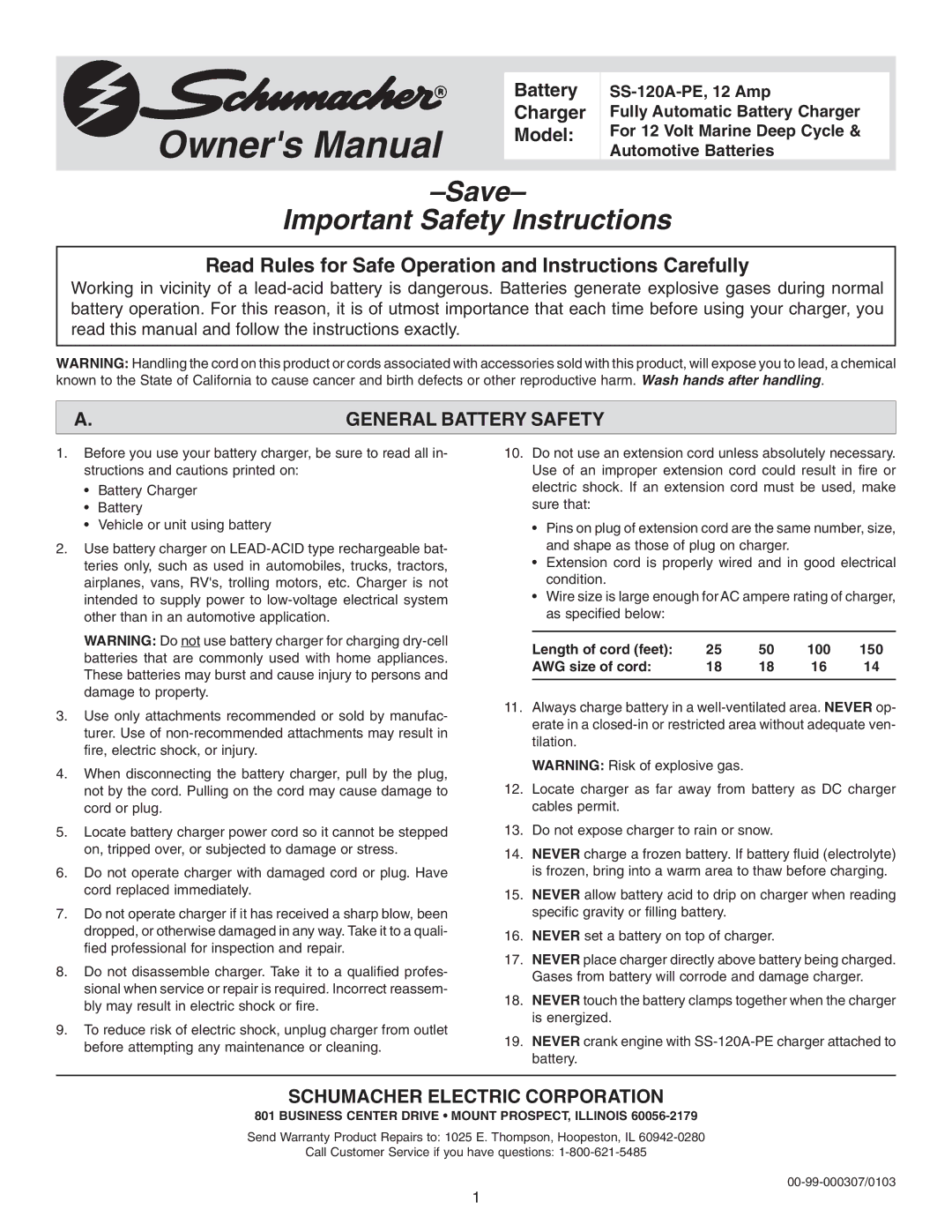 Schumacher SS-120A-PE owner manual Schumacher Electric Corporation, General Battery Safety 