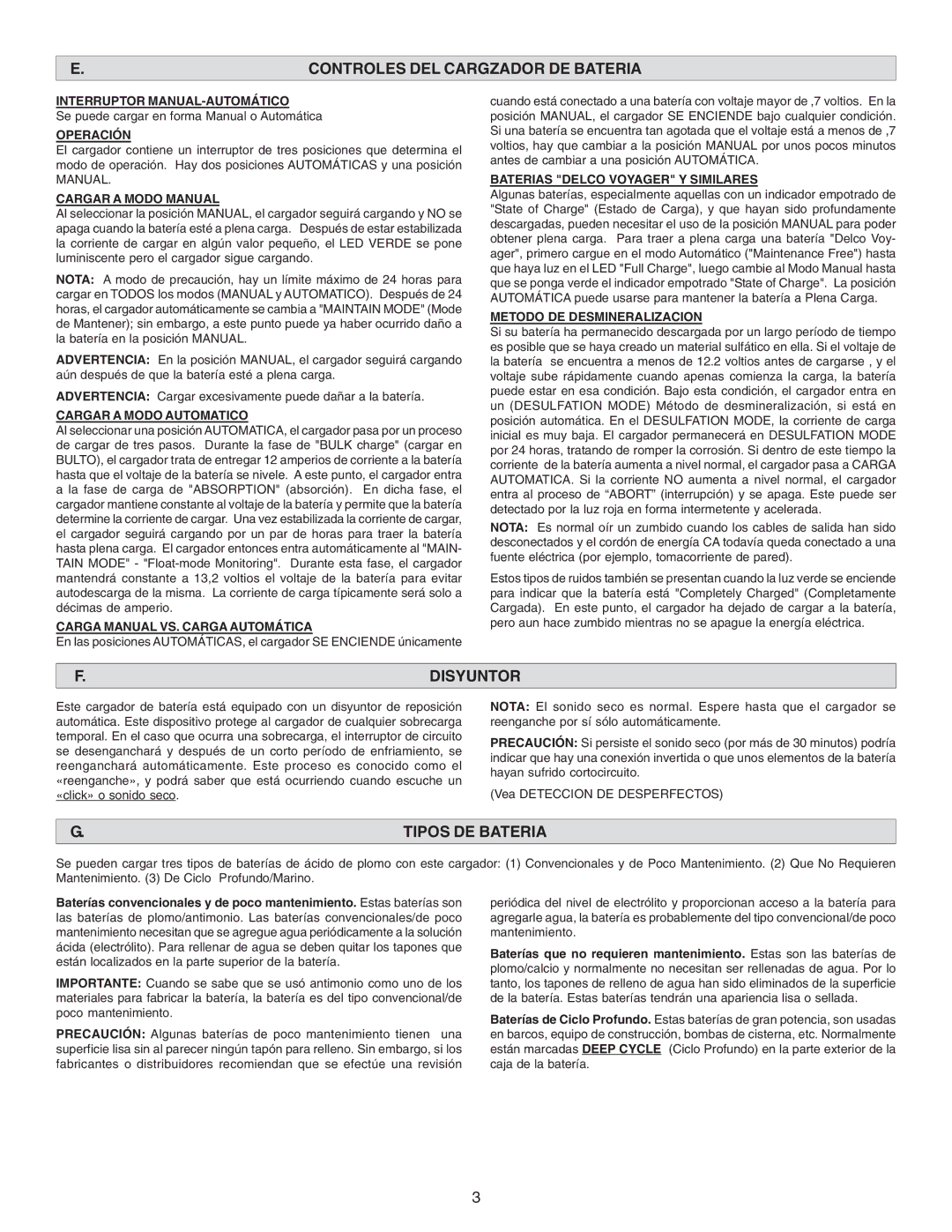 Schumacher SS-120A-PE owner manual Controles DEL Cargzador DE Bateria, Disyuntor, Tipos DE Bateria 