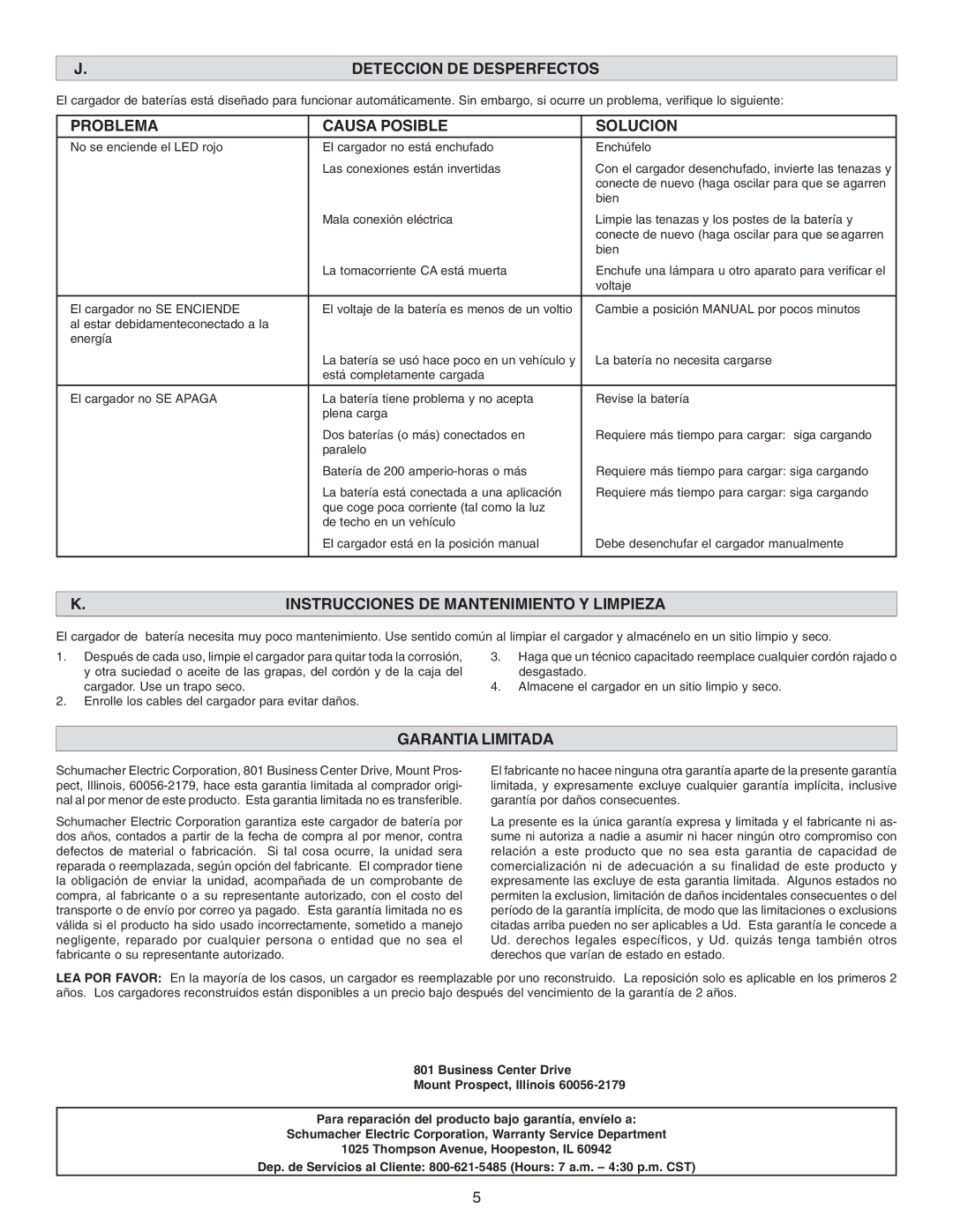 Schumacher SS-120A-PE owner manual Deteccion DE Desperfectos, Problema Causa Posible Solucion, Garantia Limitada 