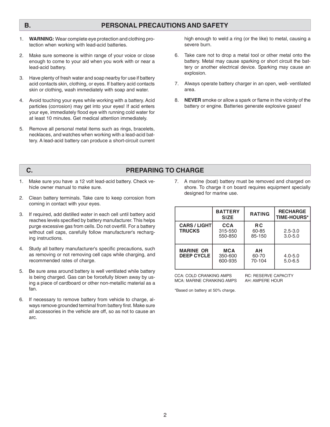 Schumacher SS-120A-PE owner manual Personal Precautions and Safety, Preparing to Charge, Marine or MCA Deep Cycle 