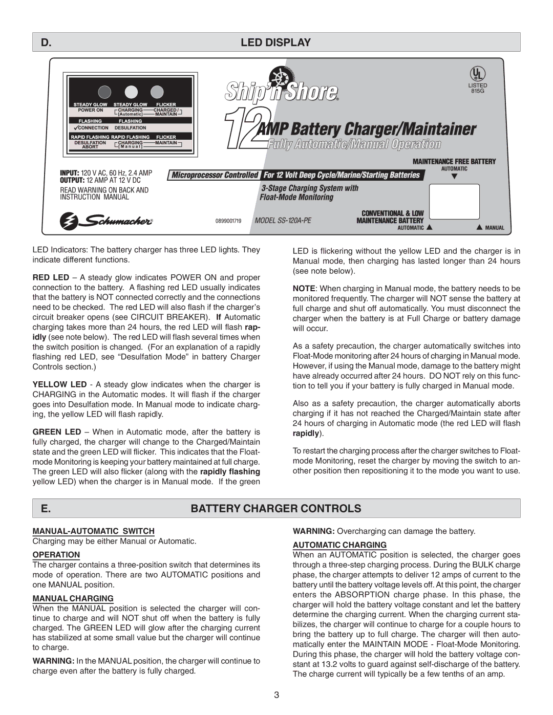 Schumacher SS-120A-PE owner manual LED Display, Battery Charger Controls 