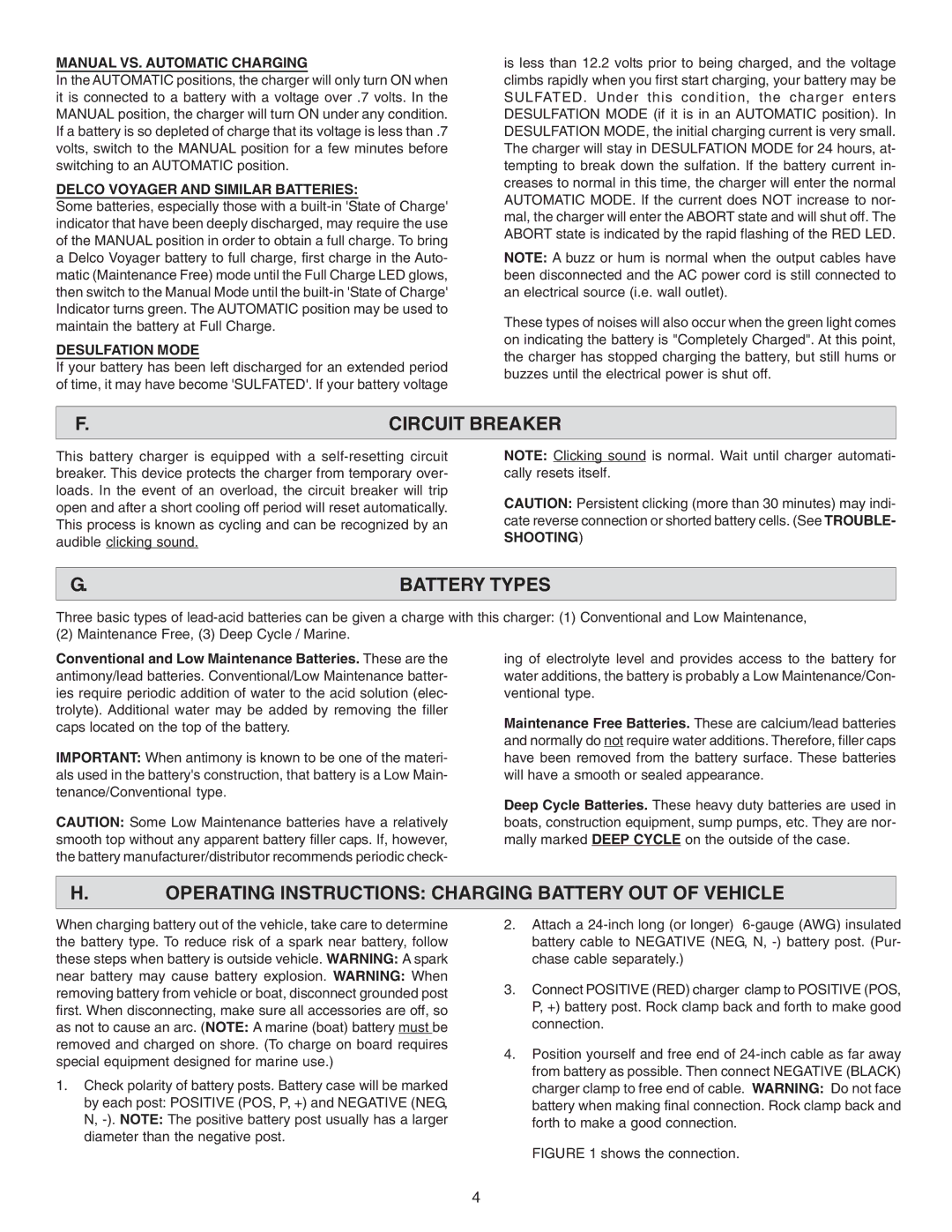 Schumacher SS-120A-PE owner manual Operating Instructions Charging Battery OUT of Vehicle, Circuit Breaker, Battery Types 