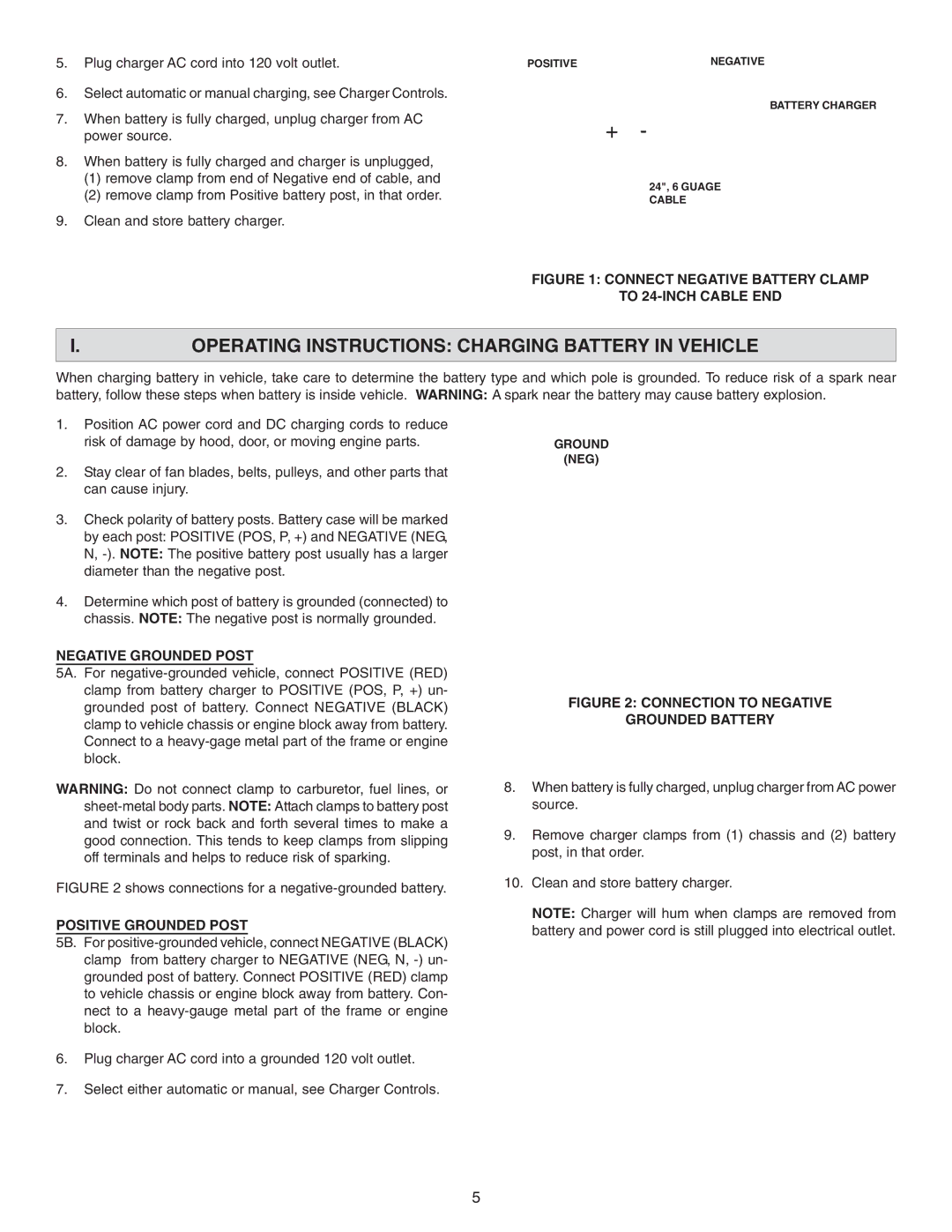 Schumacher SS-120A-PE Operating Instructions Charging Battery in Vehicle, Negative Grounded Post, Positive Grounded Post 