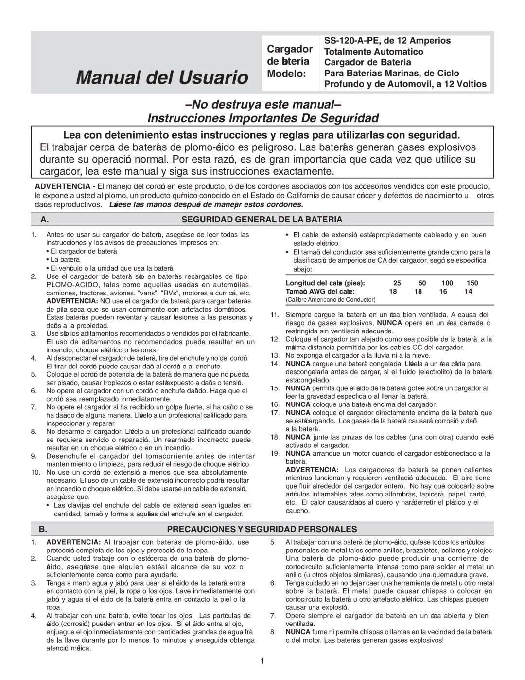 Schumacher SS-120A-PE owner manual Seguridad General DE LA Bateria, Precauciones Y Seguridad Personales 