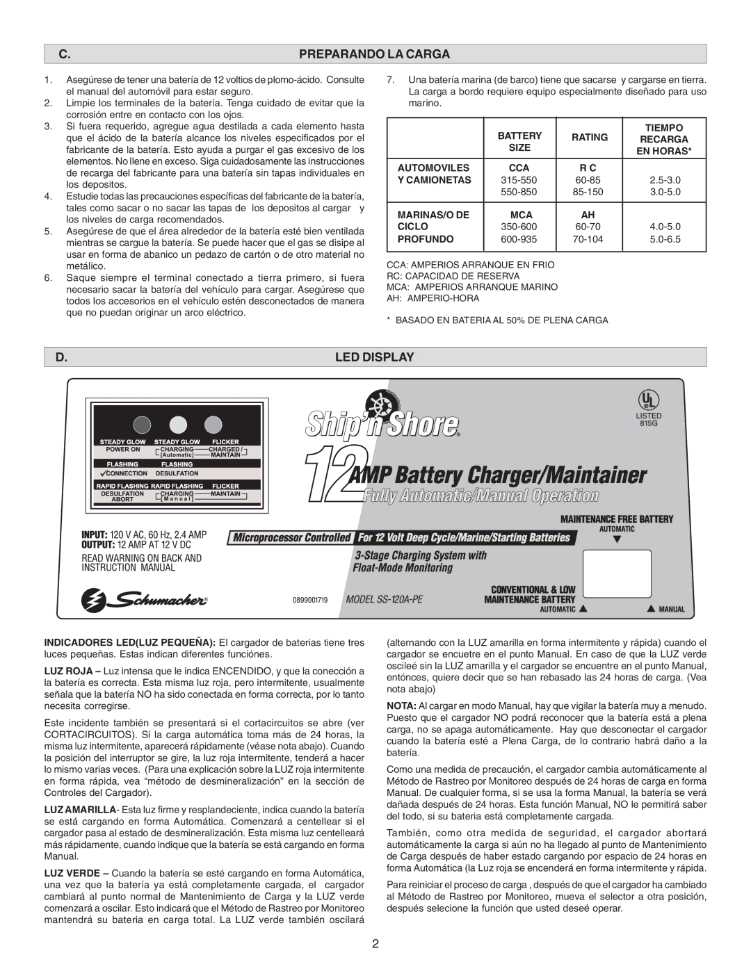 Schumacher SS-120A-PE owner manual Preparando LA Carga, LED Display 