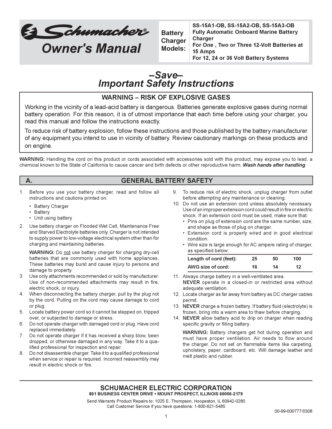 Schumacher SS-15A2-OB, SS-15A1-OB, SS-15A3-OB owner manual General Battery Safety, Schumacher Electric Corporation 