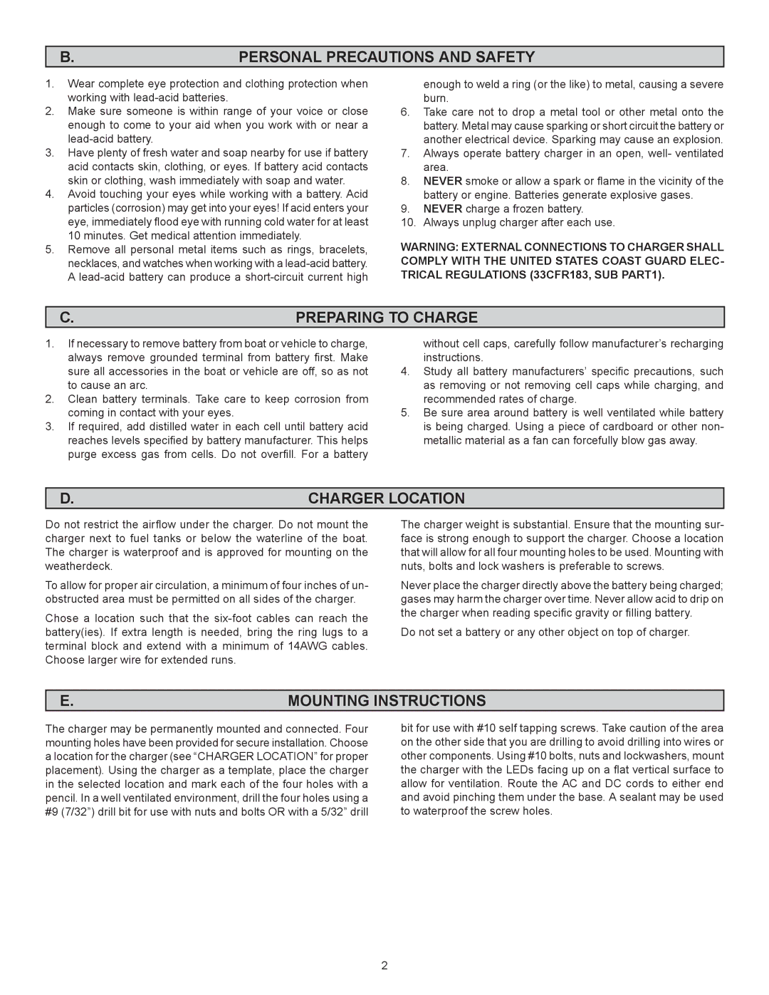 Schumacher SS-15A3-OB Personal Precautions and Safety, Preparing to Charge, Charger Location, Mounting Instructions 