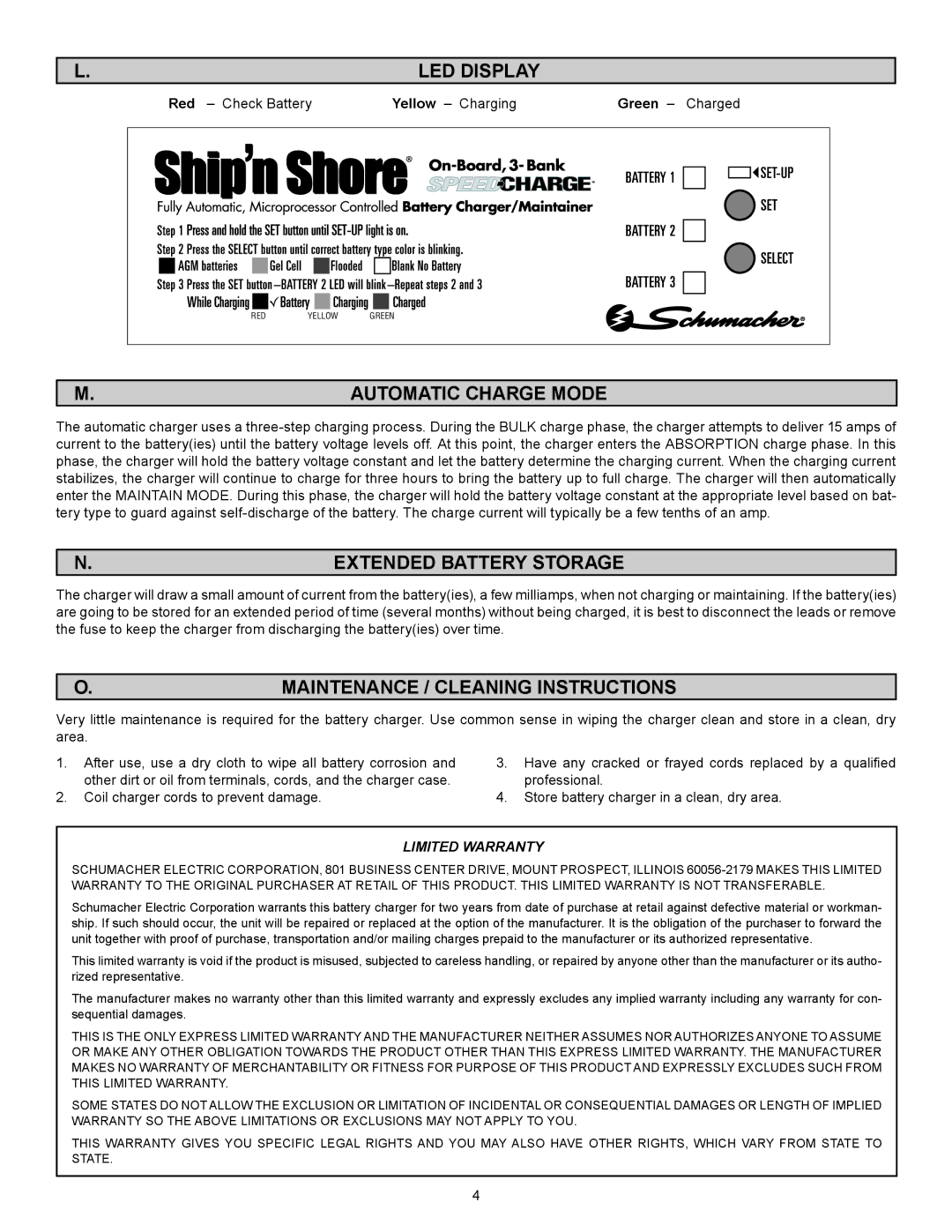 Schumacher SS-15A2-OB LED Display, Automatic Charge Mode, Extended Battery Storage, Maintenance / Cleaning Instructions 