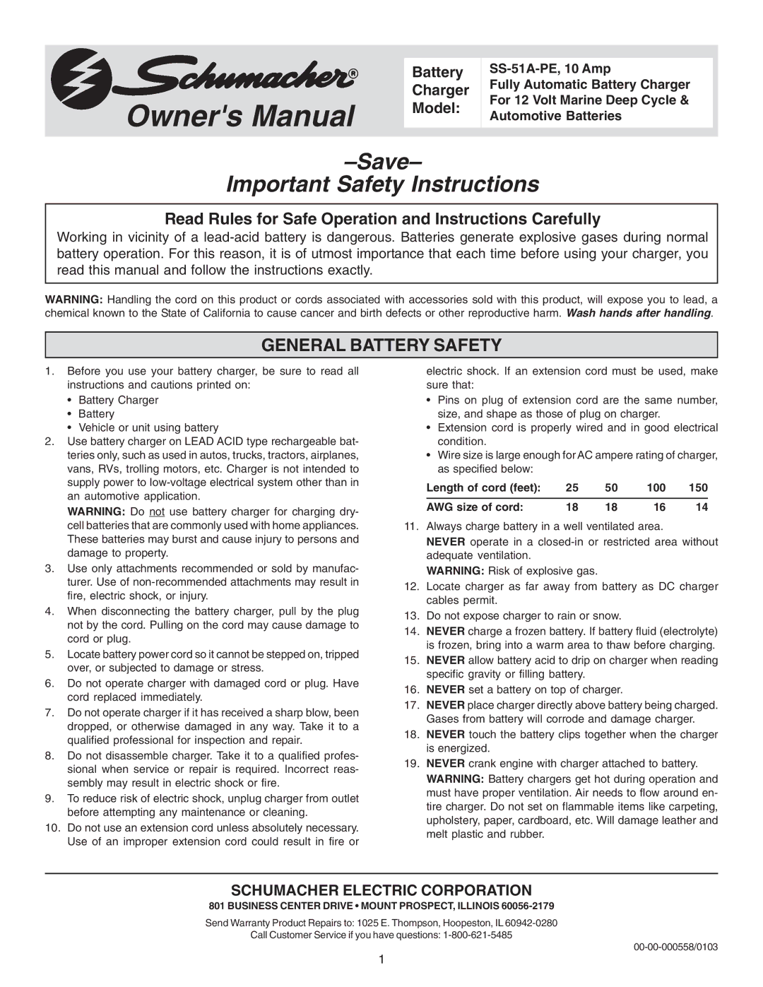 Schumacher SS-51A-PE owner manual General Battery Safety, Schumacher Electric Corporation 