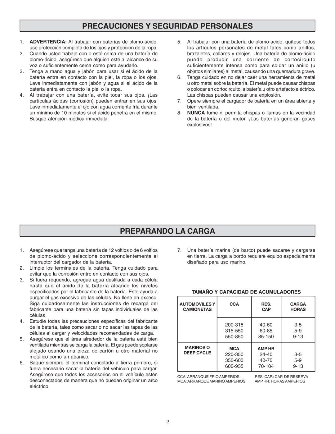 Schumacher SS-51A-PE Precauciones Y Seguridad Personales, Preparando LA Carga, Tamaño Y Capacidad DE Acumuladores 