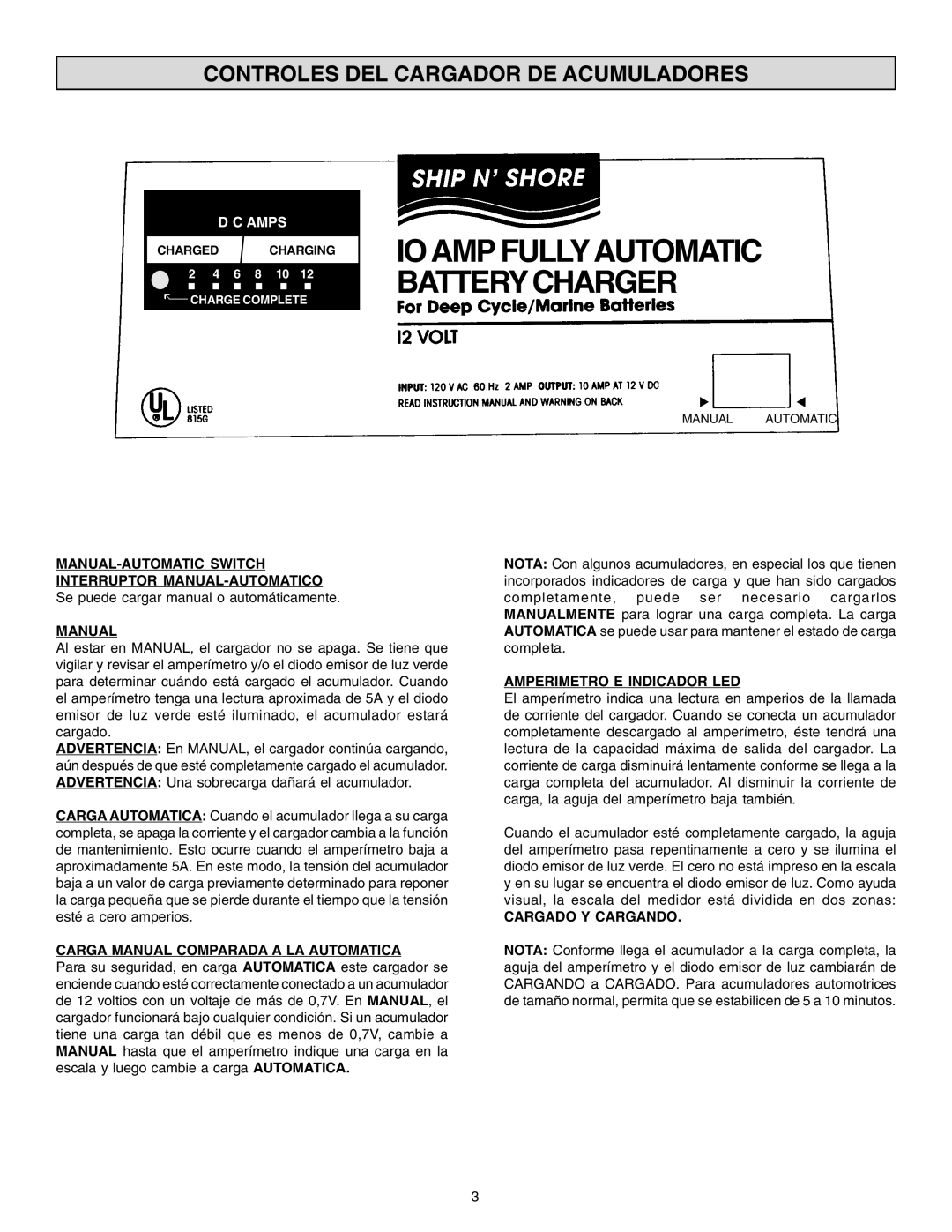 Schumacher SS-51A-PE Controles DEL Cargador DE Acumuladores, MANUAL-AUTOMATIC Switch Interruptor MANUAL-AUTOMATICO 