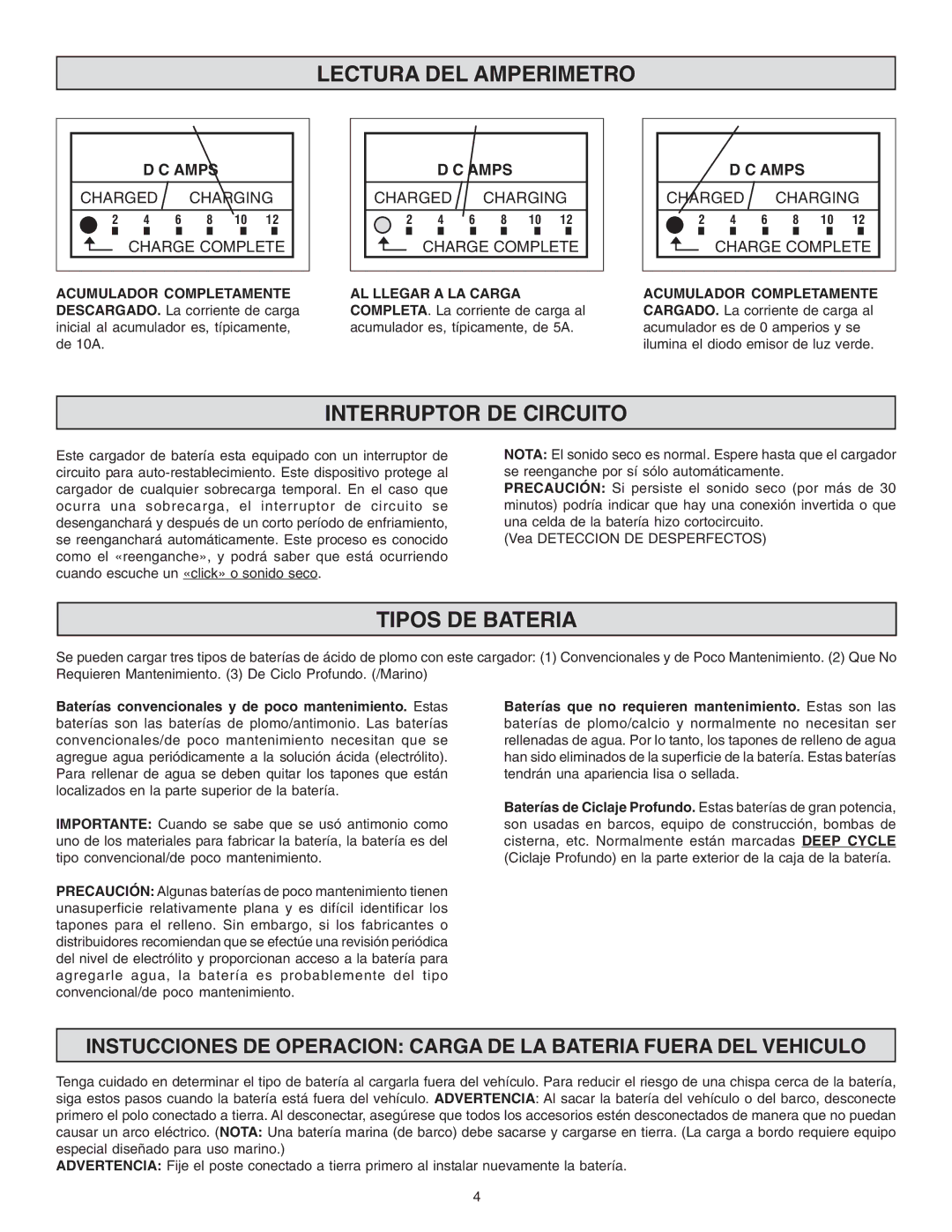 Schumacher SS-51A-PE owner manual Lectura DEL Amperimetro, Interruptor DE Circuito, Tipos DE Bateria 