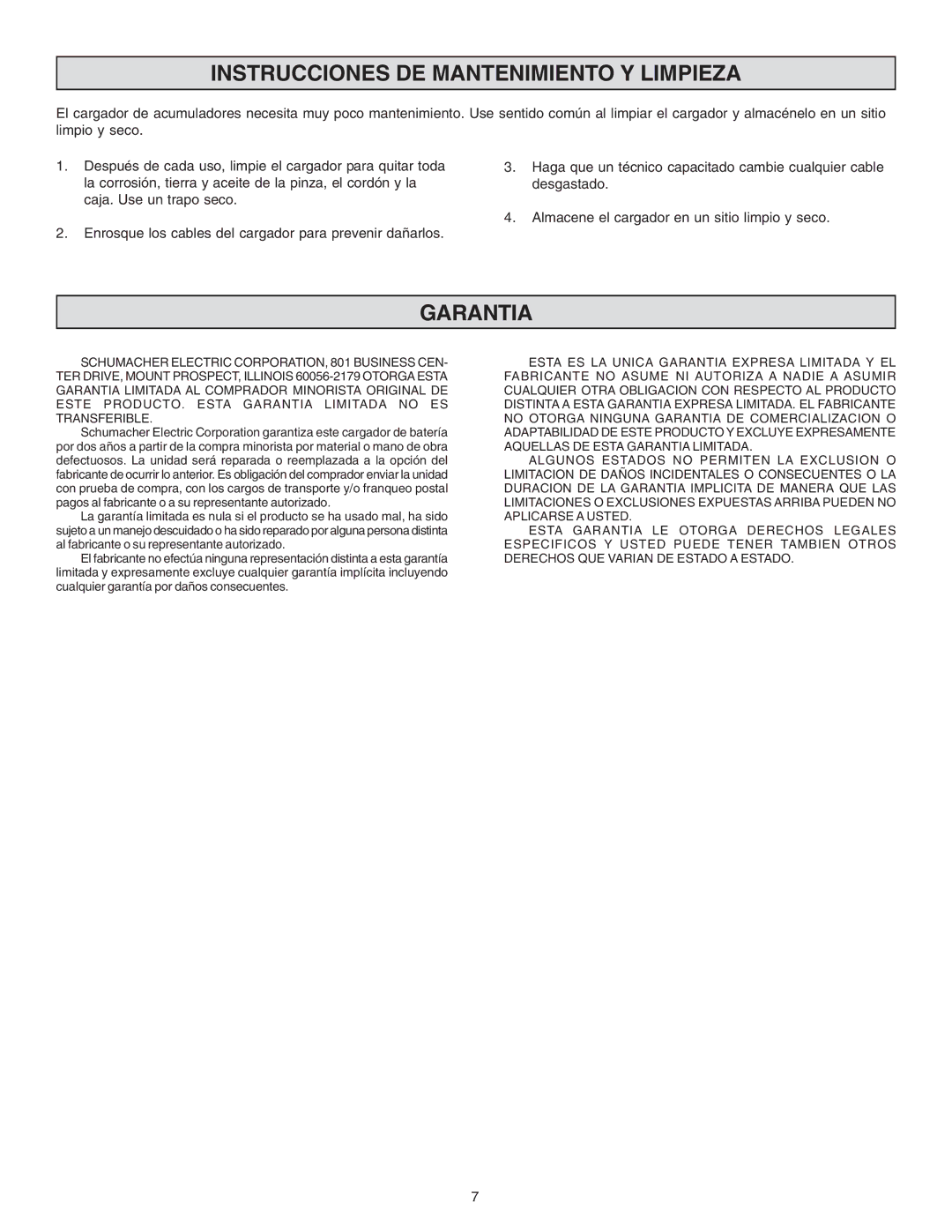 Schumacher SS-51A-PE owner manual Instrucciones DE Mantenimiento Y Limpieza, Garantia 