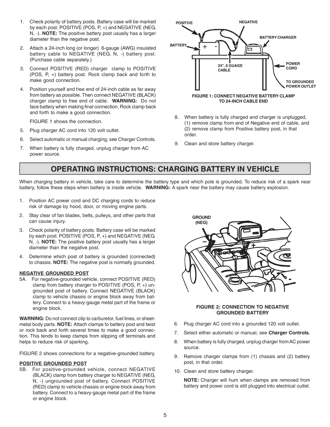 Schumacher SS-51A-PE Operating Instructions Charging Battery in Vehicle, Negative Grounded Post, Positive Grounded Post 