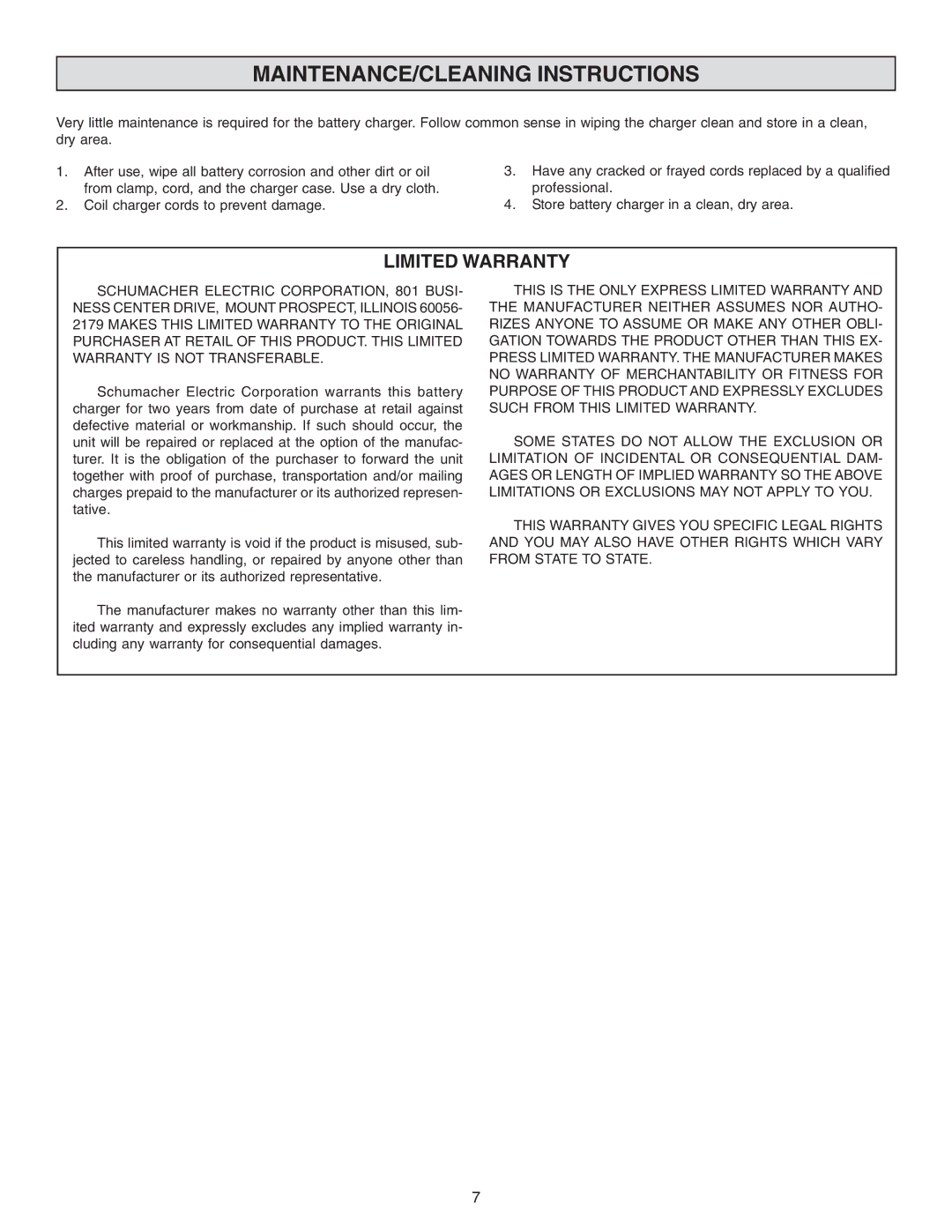 Schumacher SS-51A-PE owner manual MAINTENANCE/CLEANING Instructions, Limited Warranty 