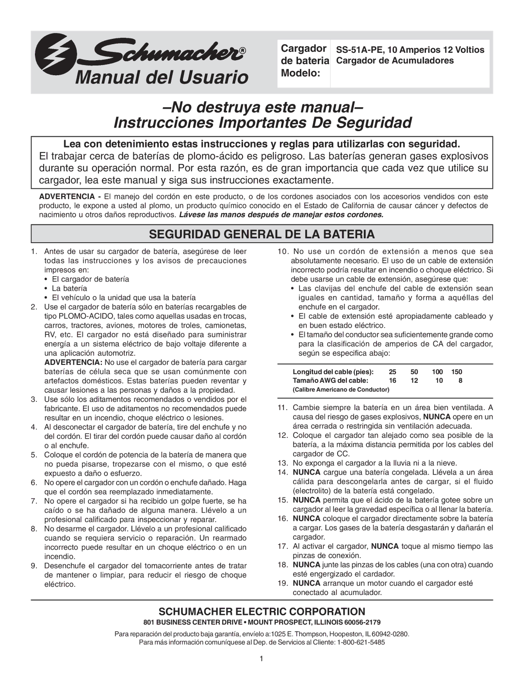 Schumacher SS-51A-PE owner manual Manual del Usuario, Seguridad General DE LA Bateria 