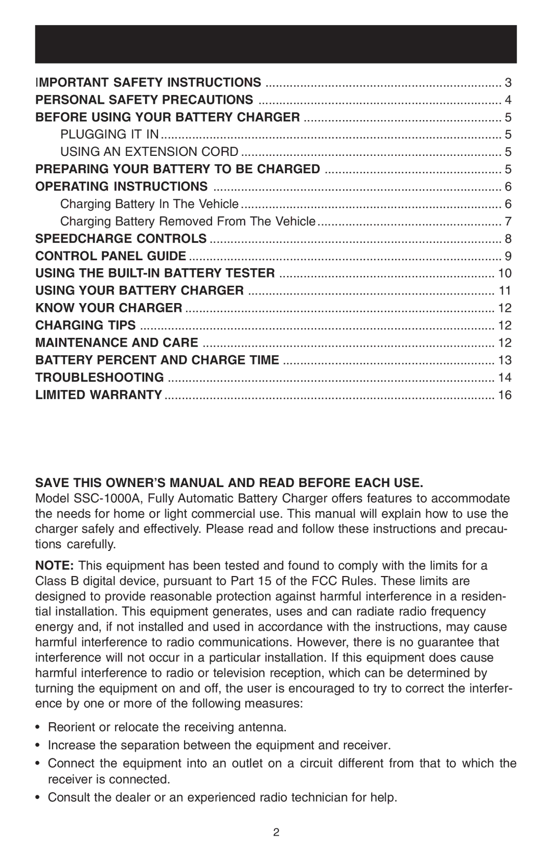 Schumacher SSC-1000A owner manual Table of Contents 