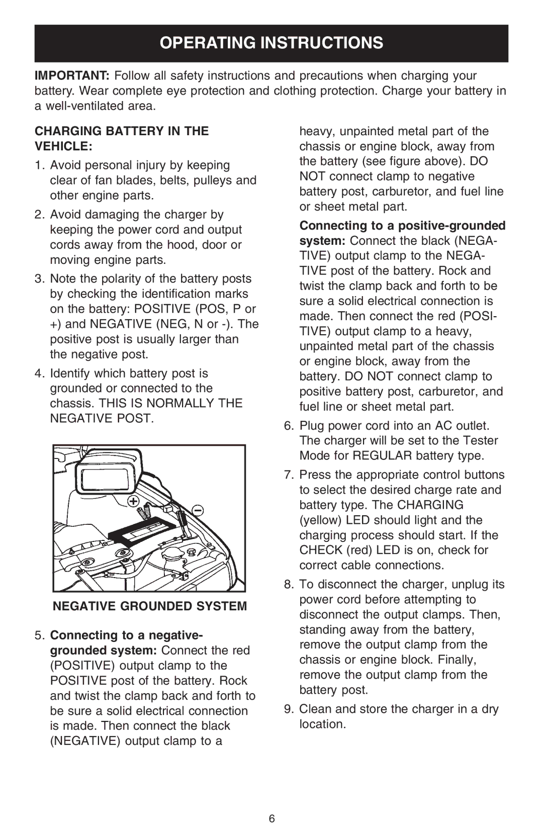 Schumacher SSC-1000A owner manual Operating Instructions, Charging Battery in the Vehicle, Negative Grounded System 