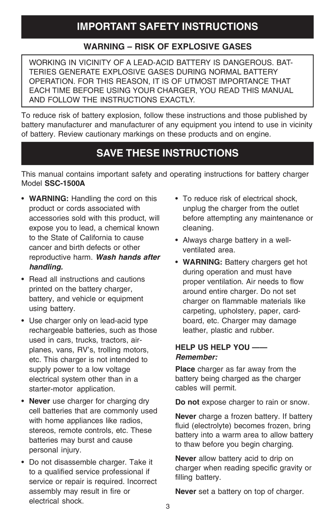 Schumacher SSC-1500A owner manual Important Safety Instructions, Help US Help YOU 