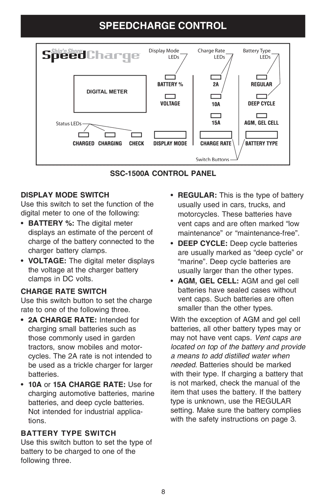 Schumacher Speedcharge Control, SSC-1500A Control Panel Display Mode Switch, Charge Rate Switch, Battery Type Switch 