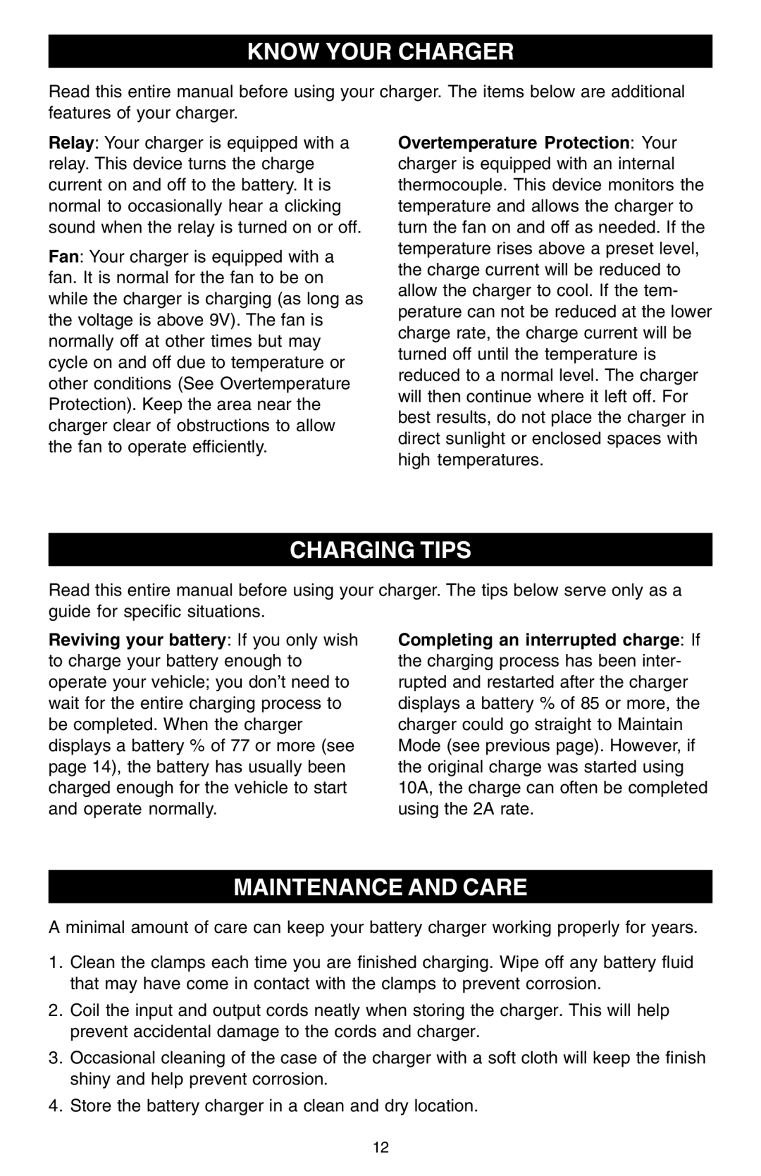 Schumacher SSF-1000A owner manual Know Your Charger, Charging Tips, Maintenance and Care 