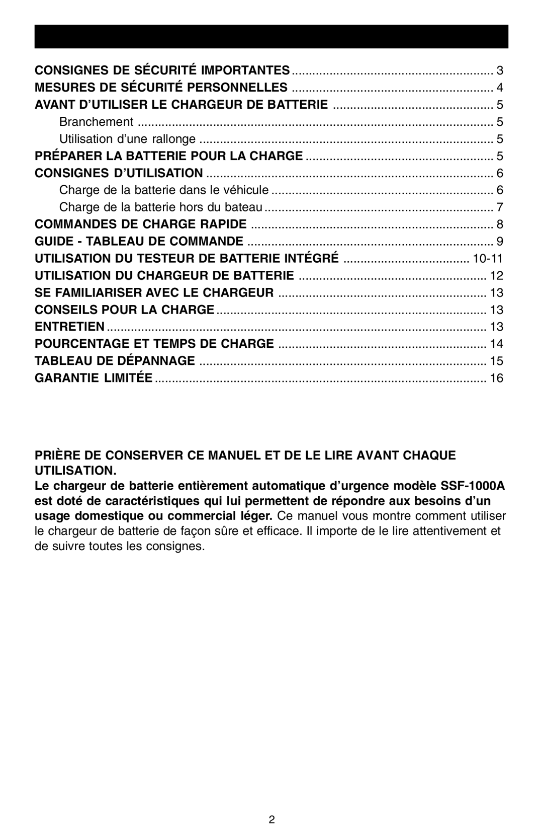 Schumacher SSF-1000A owner manual Table DES Matières, Utilisation DU Testeur DE Batterie Intégré 