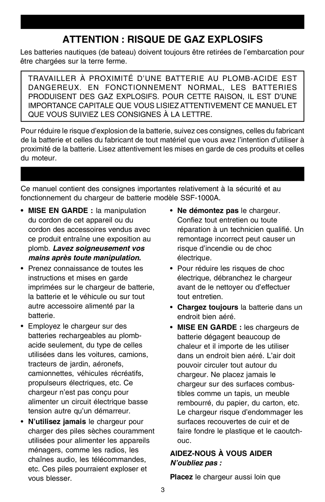 Schumacher SSF-1000A Consignes DE Sécurité Importantes, Conservez CES Instructions, AIDEZ-NOUS À Vous Aider N’oubliez pas 