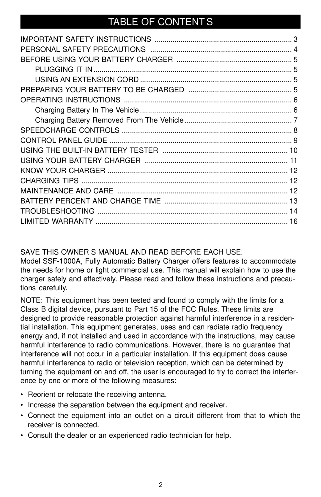 Schumacher SSF-1000A owner manual Table of Contents 