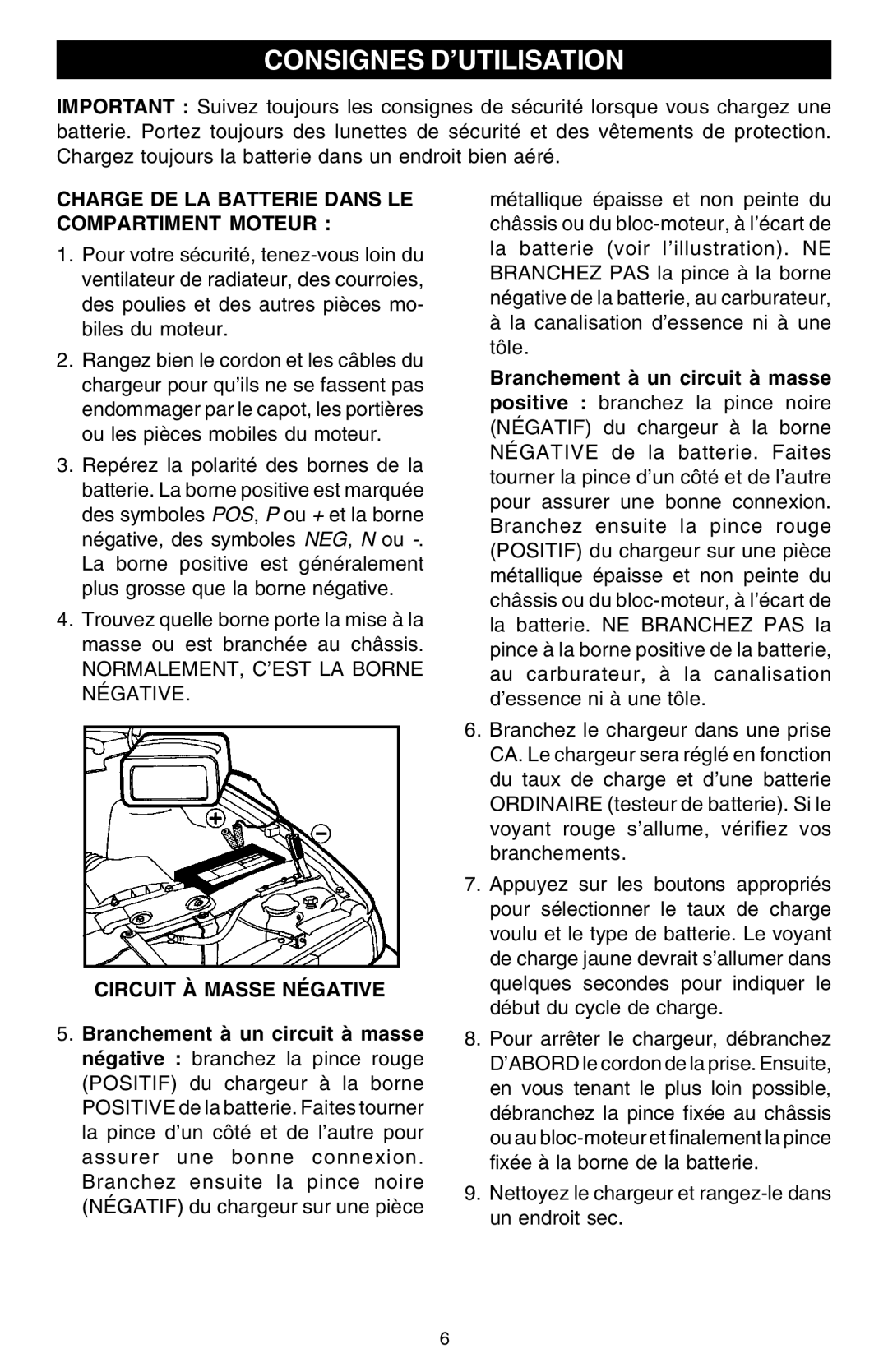 Schumacher SSF-1000A Consignes D’UTILISATION, Charge DE LA Batterie Dans LE Compartiment Moteur, Circuit À Masse Négative 