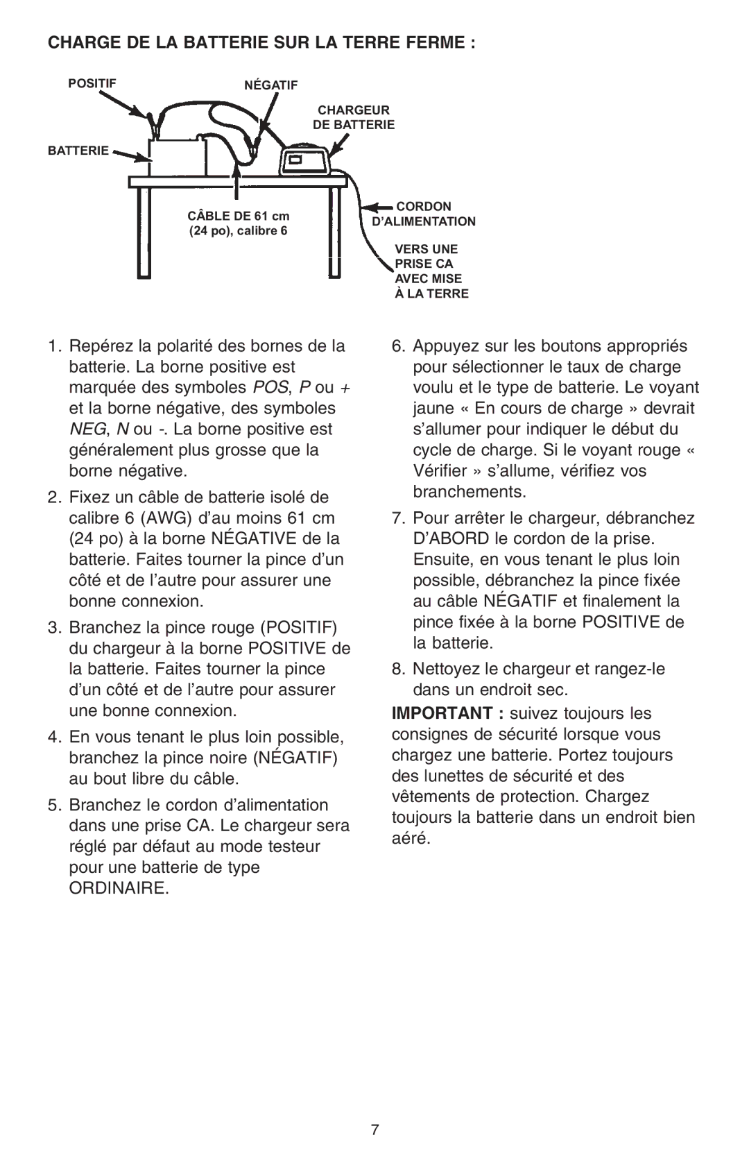 Schumacher SSF-1000A owner manual Charge DE LA Batterie SUR LA Terre Ferme, Ordinaire 