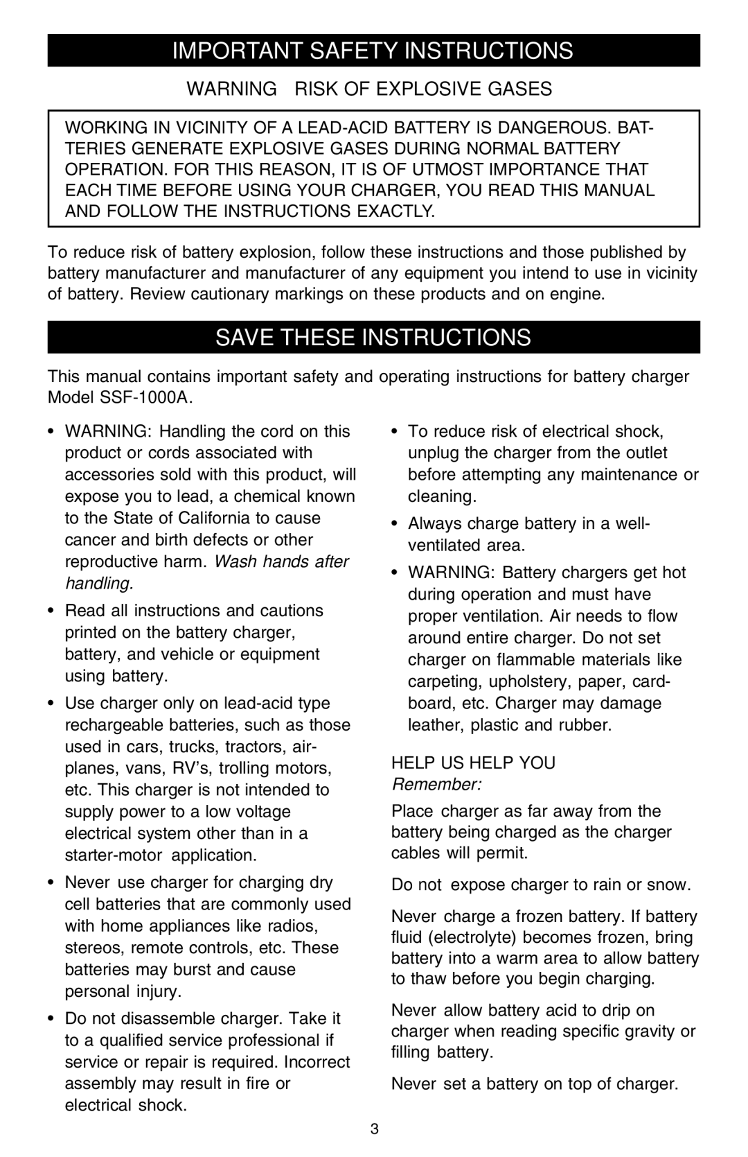 Schumacher SSF-1000A owner manual Important Safety Instructions, Help US Help YOU 