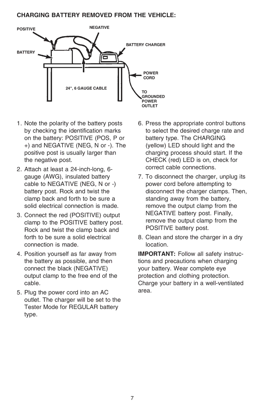 Schumacher SSF-1000A owner manual Charging Battery Removed from the Vehicle 