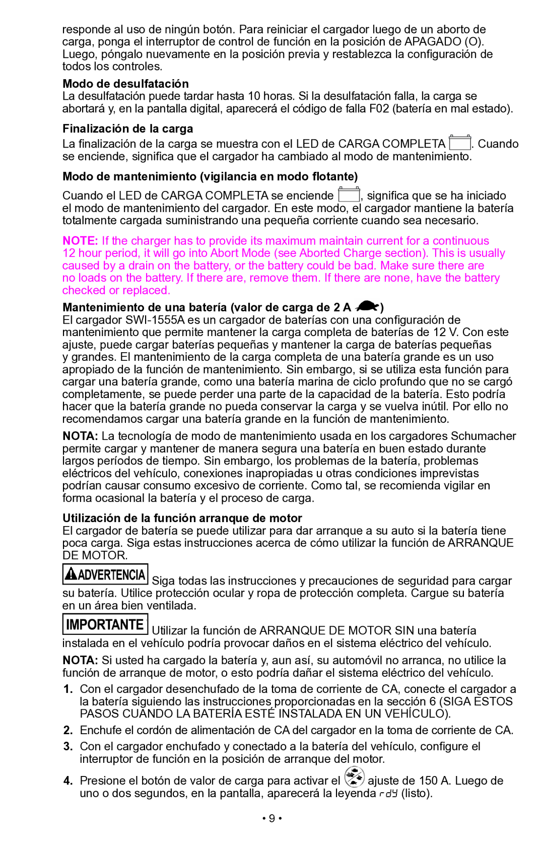 Schumacher SWI-1555A Modo de desulfatación, Finalización de la carga, Modo de mantenimiento vigilancia en modo flotante 