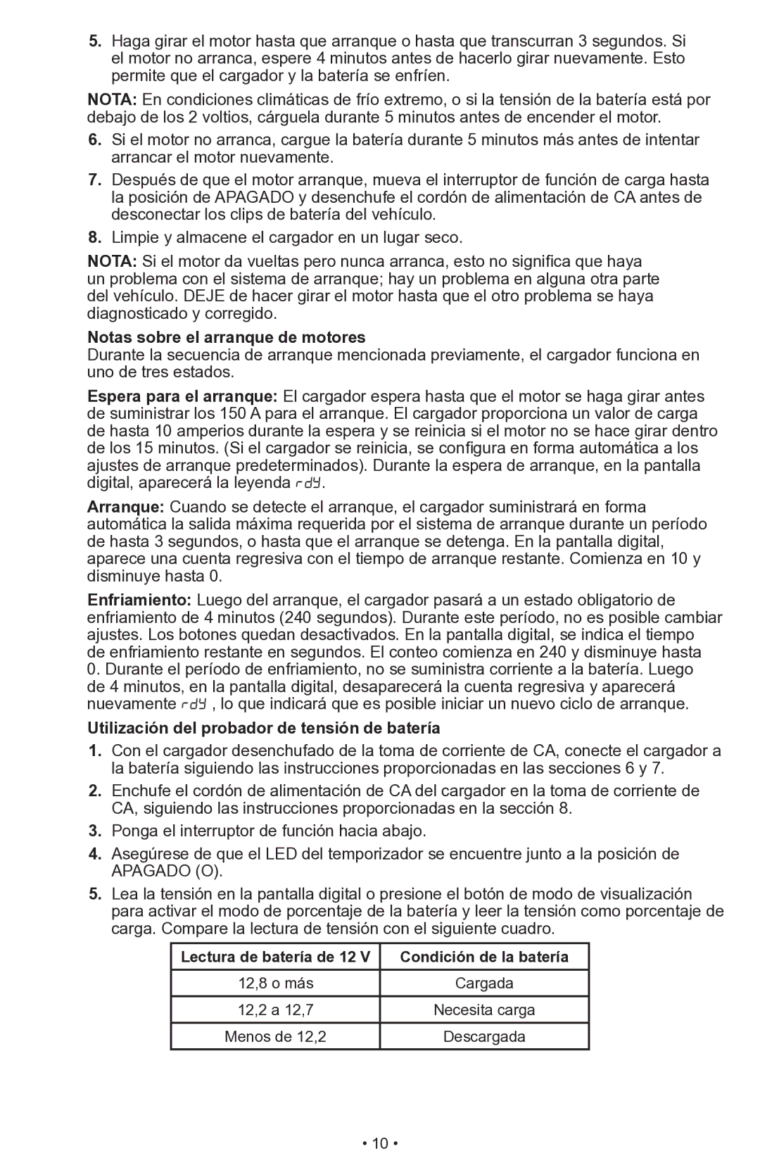 Schumacher SWI-1555A owner manual Notas sobre el arranque de motores, Utilización del probador de tensión de batería 