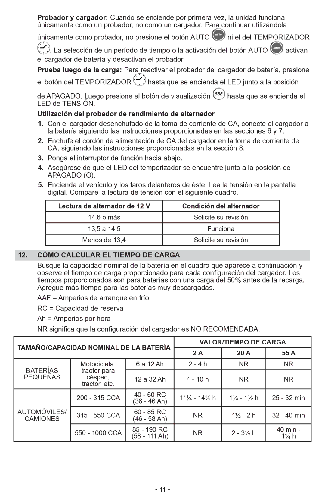 Schumacher SWI-1555A Utilización del probador de rendimiento de alternador, 12. Cómo Calcular EL Tiempo DE Carga 