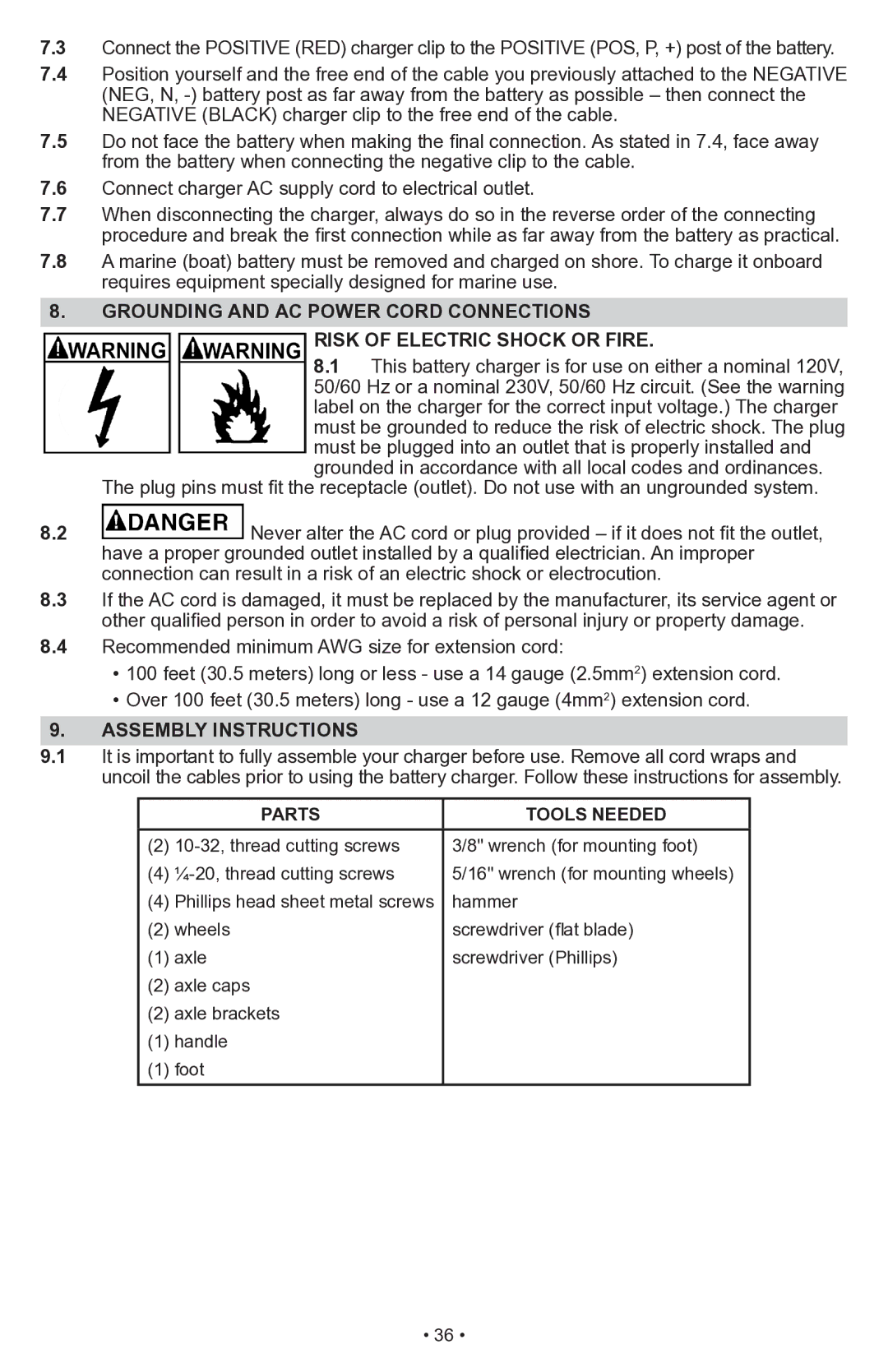 Schumacher SWI-1555A owner manual Grounding and AC power cord connections, Assembly Instructions, Parts Tools Needed 