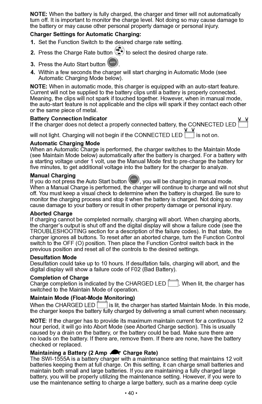 Schumacher SWI-1555A Charger Settings for Automatic Charging, Battery Connection Indicator, Automatic Charging Mode 