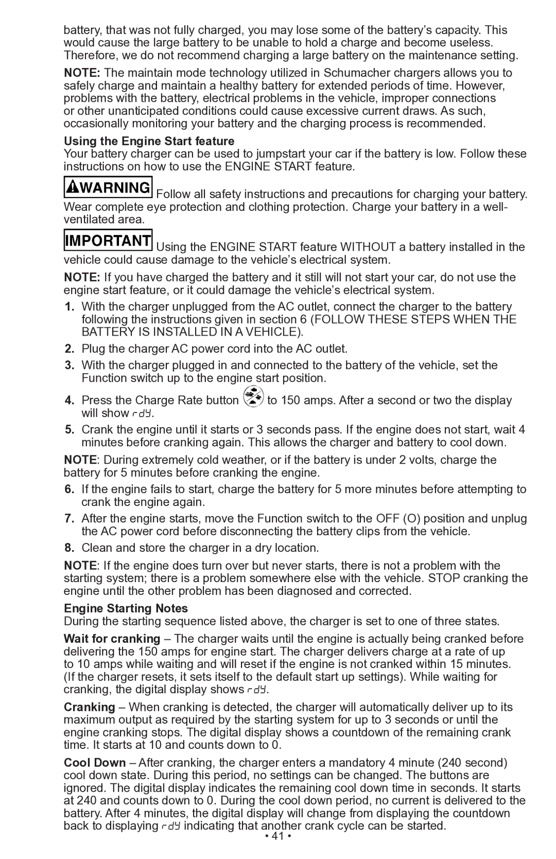 Schumacher SWI-1555A owner manual Using the Engine Start feature, Engine Starting Notes 