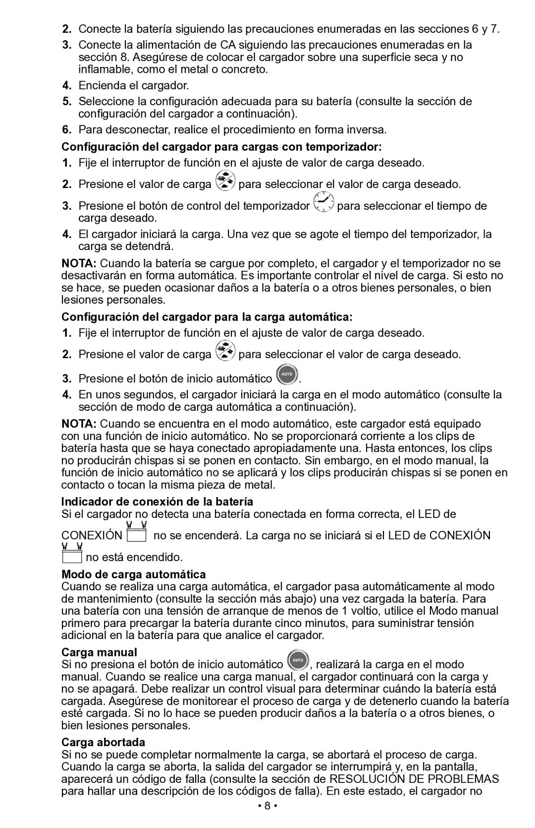 Schumacher SWI-1555A Configuración del cargador para cargas con temporizador, Indicador de conexión de la batería 