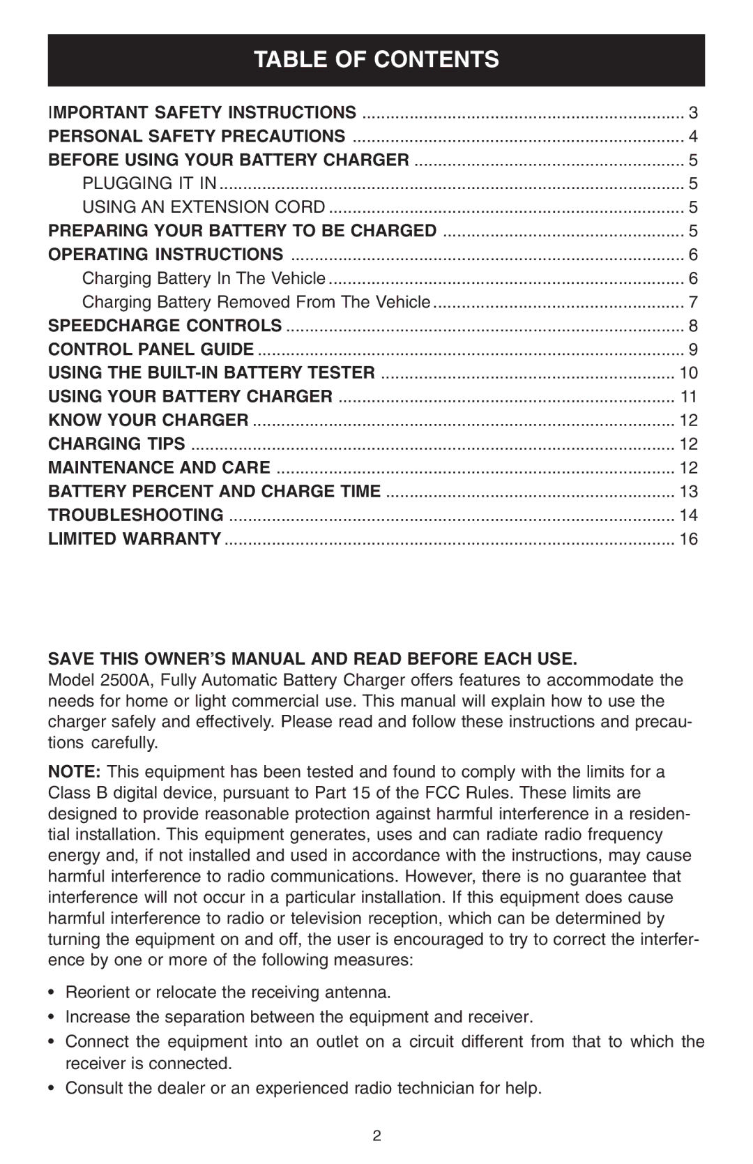 Schumacher WM-2500A, SC-2500A owner manual Table of Contents 