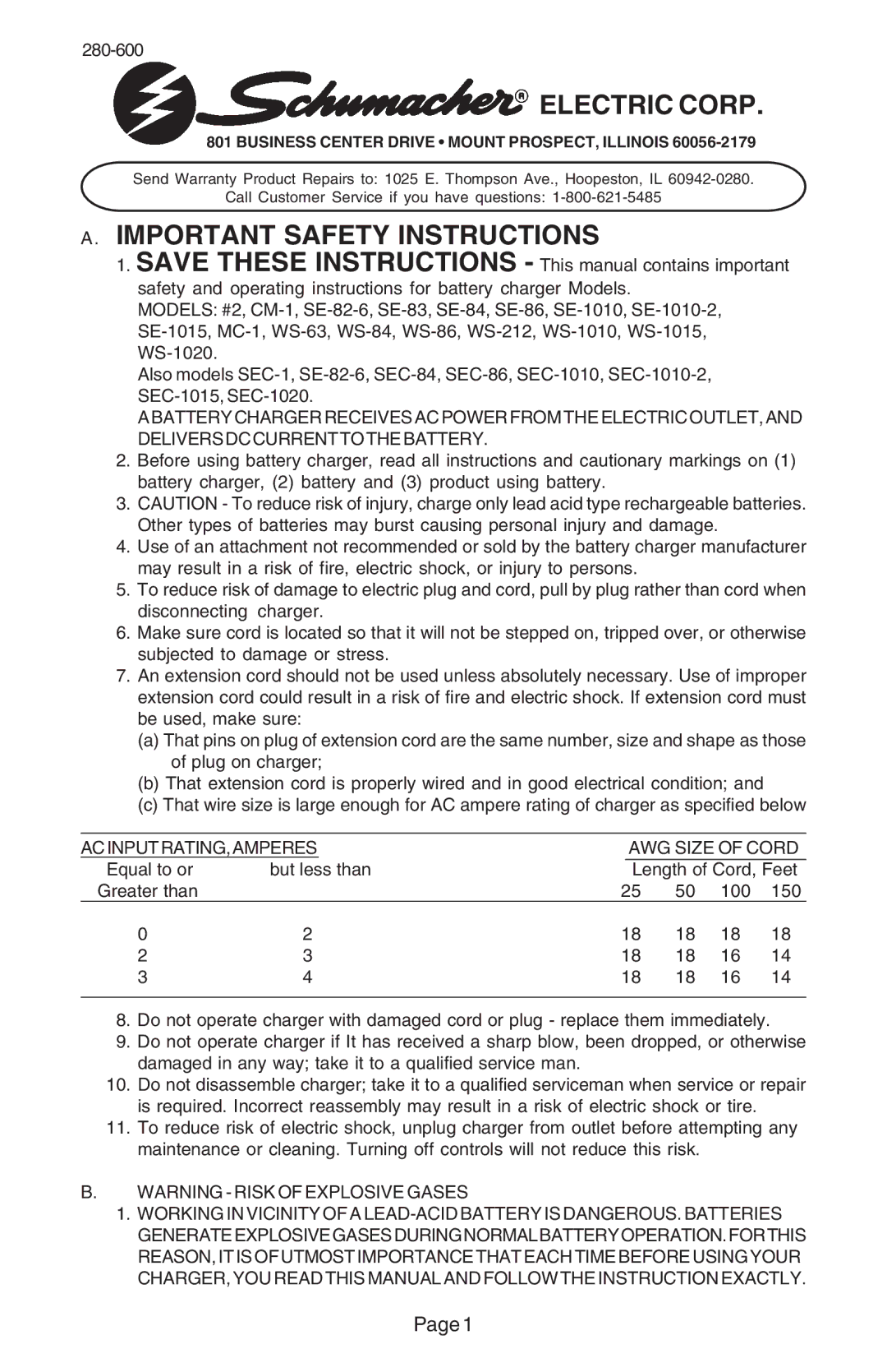 Schumacher SE-82-6, WS-63, CM-1, MC-1, 83, 1020. SEC-1, 86 important safety instructions ACINPUTRATING,AMPERES AWG Size of Cord 