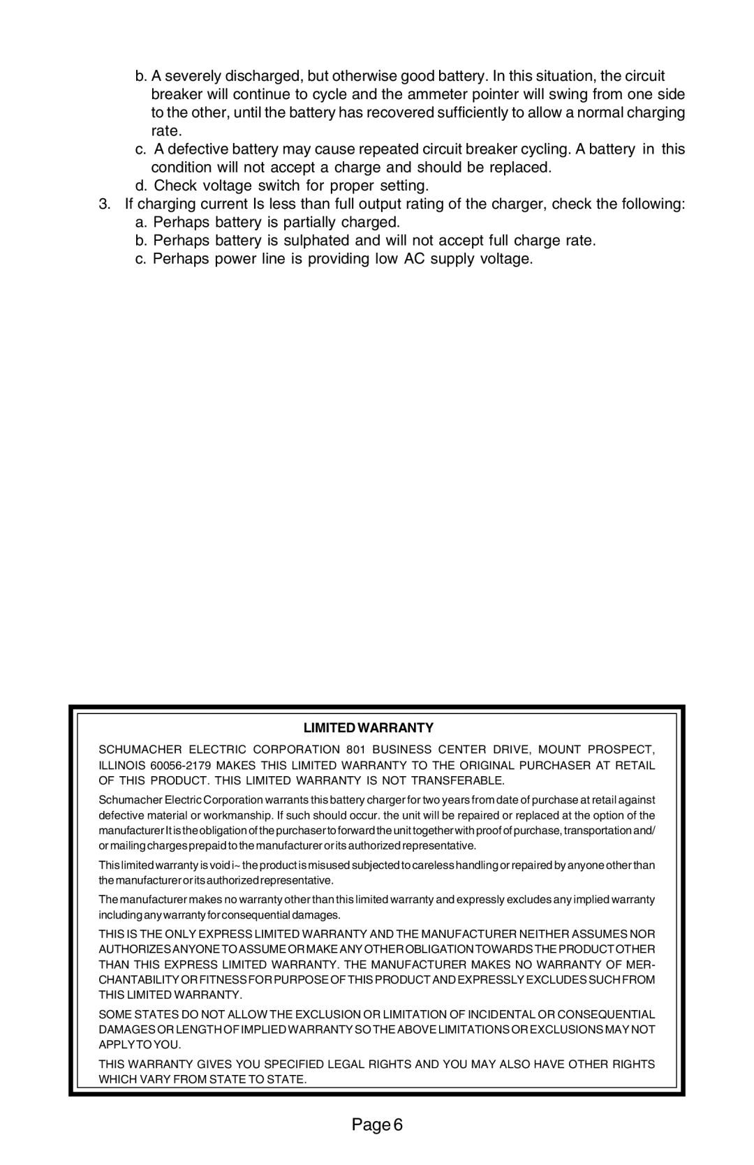 Schumacher 86, WS-63, SE-82-6, CM-1, MC-1, 83, 1020. SEC-1, 84, 212, 1015, 1010-2 important safety instructions Limited Warranty 